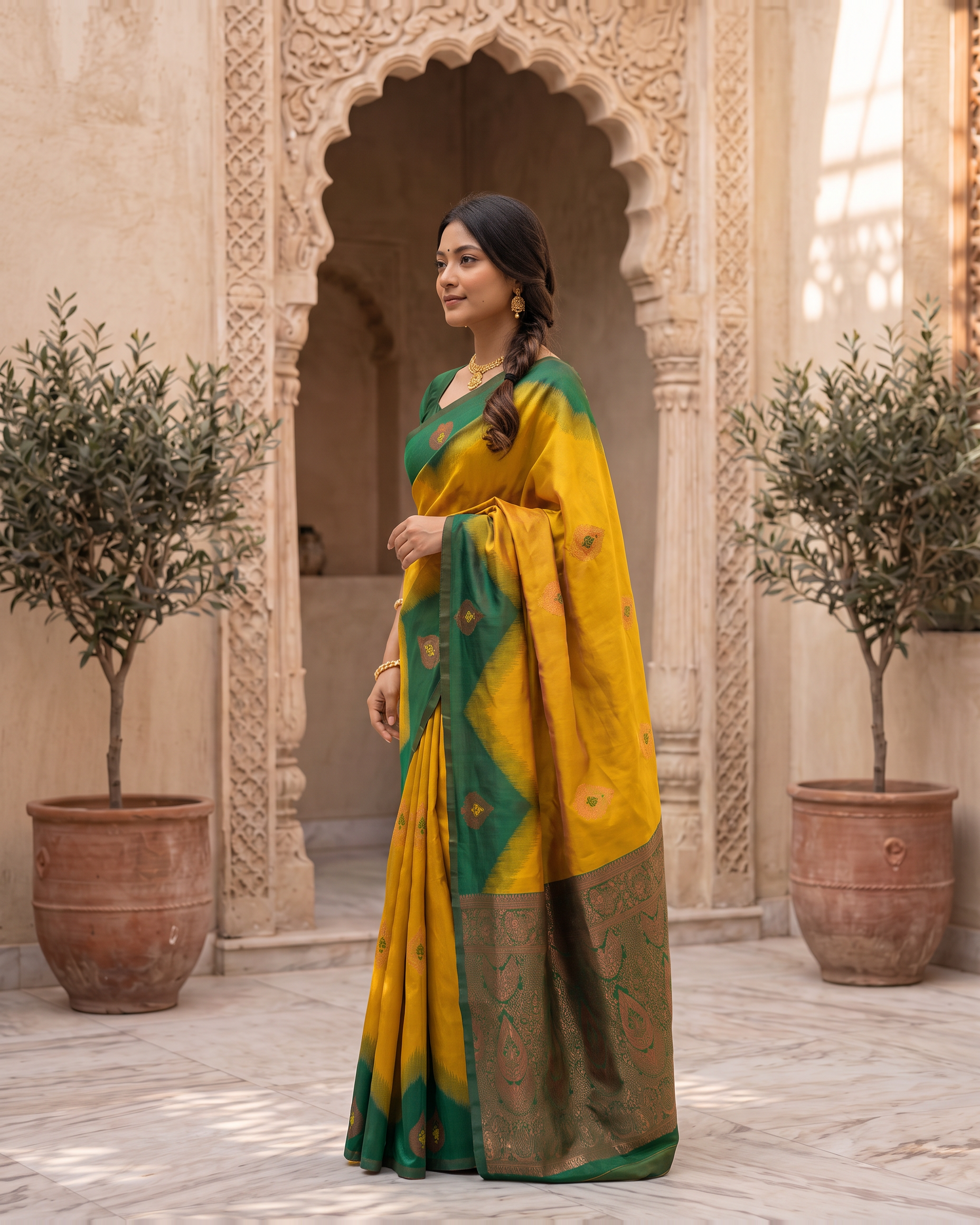 Emerald Mustard Silk Saree with Golden Butta Work - side drape