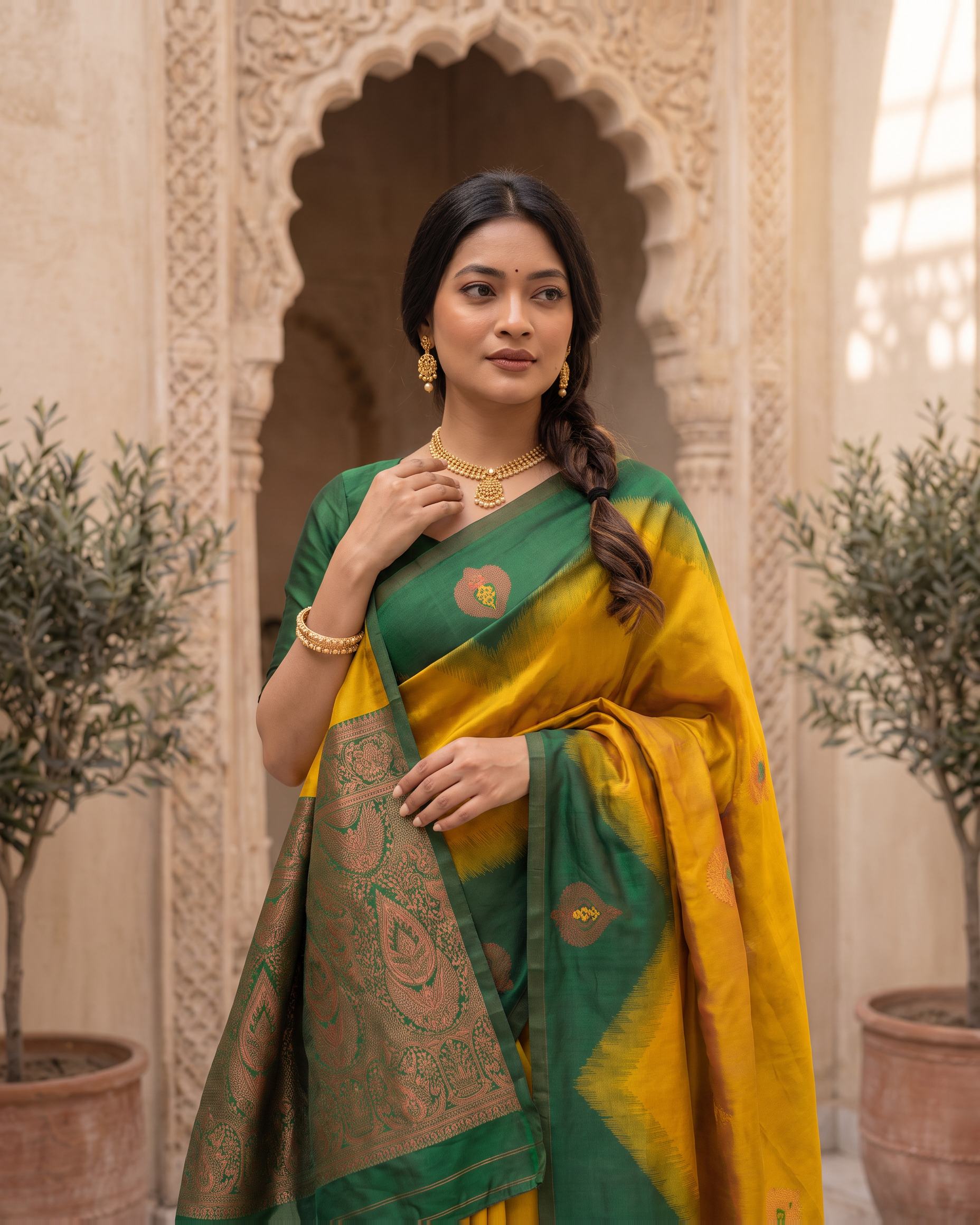Emerald Mustard Silk Saree with Golden Butta Work - upper closeup
