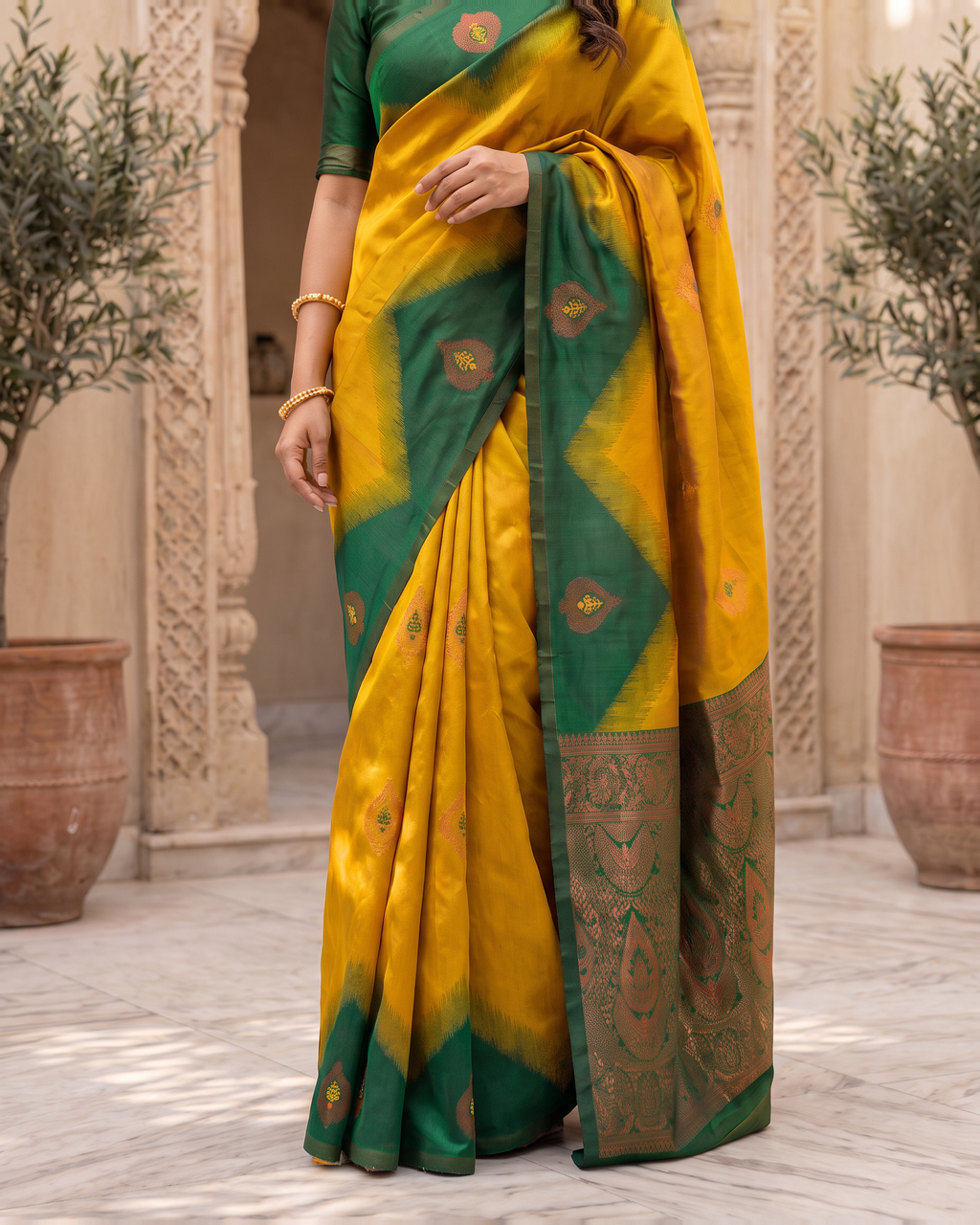 Emerald Mustard Silk Saree with Golden Butta Work - lower closeup