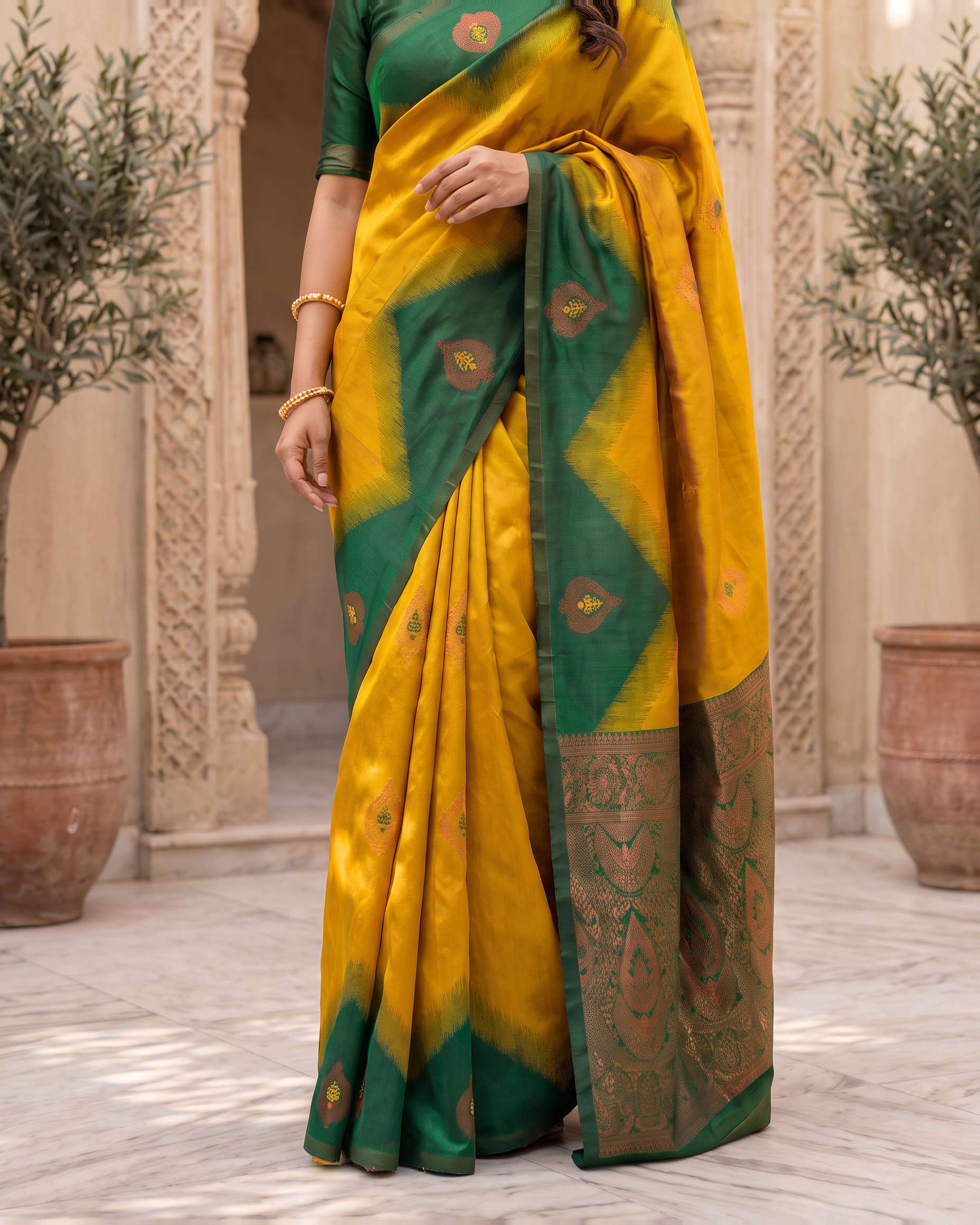 Emerald Mustard Silk Saree with Golden Butta Work - lower closeup