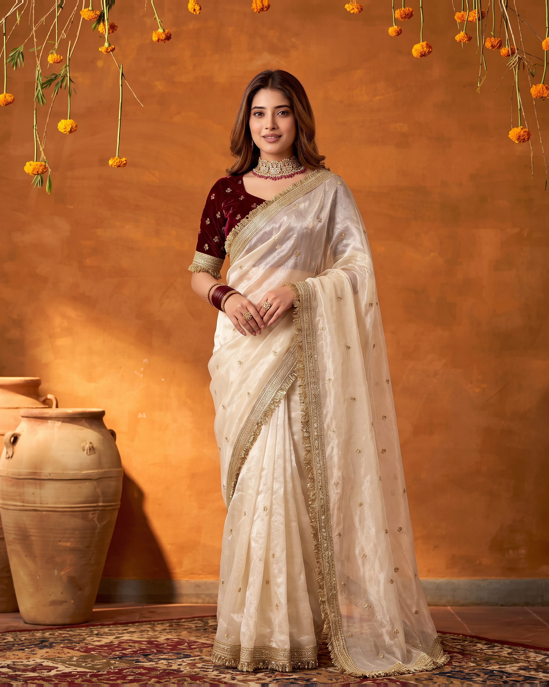 Eshani Lace Butti Festive Saree with Soft Designer Edge - Cream - full saree hero