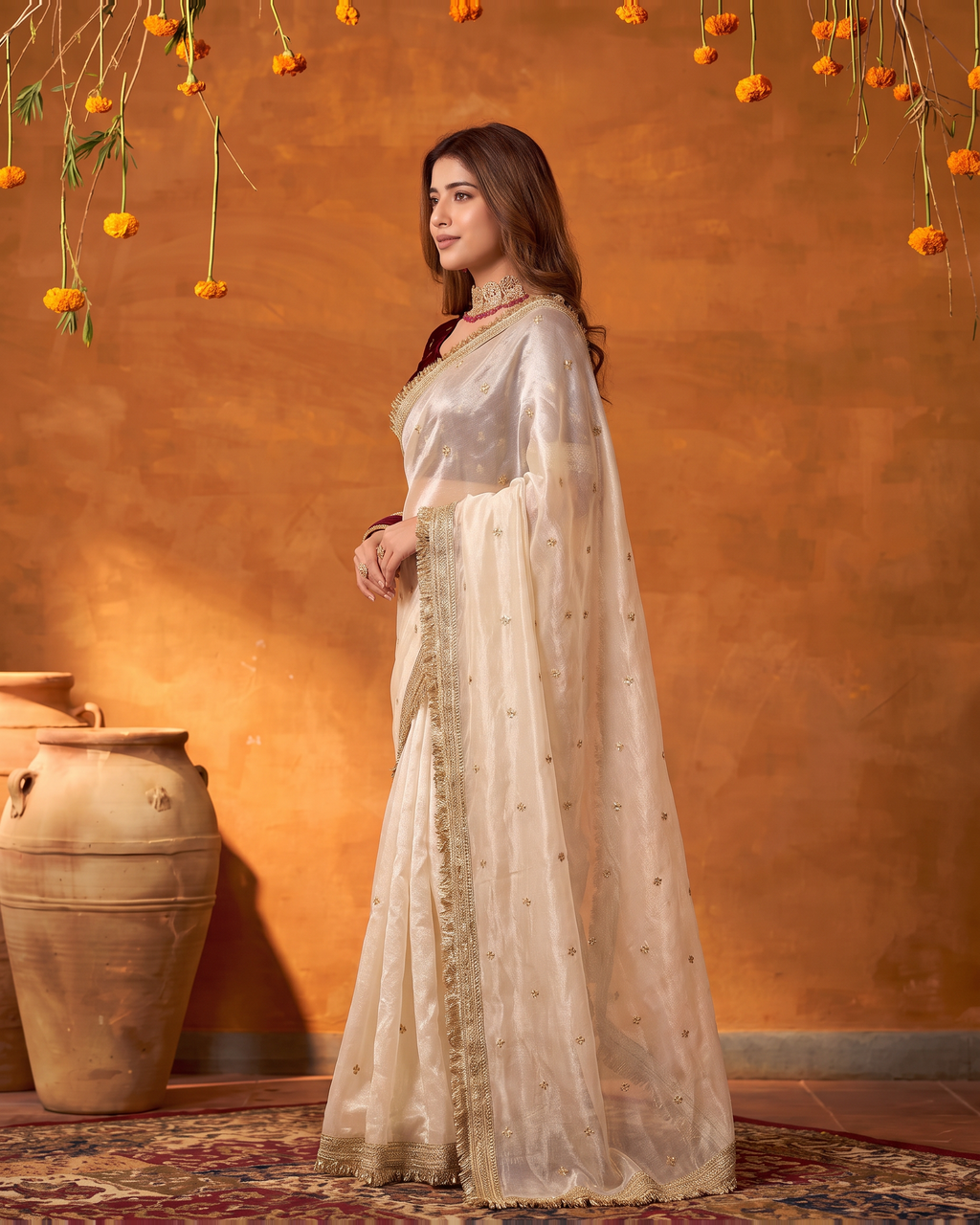 Eshani Lace Butti Festive Saree with Soft Designer Edge - Cream - side