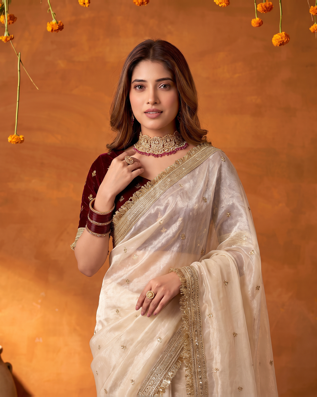 Eshani Lace Butti Festive Saree with Soft Designer Edge - Cream - upper closeup