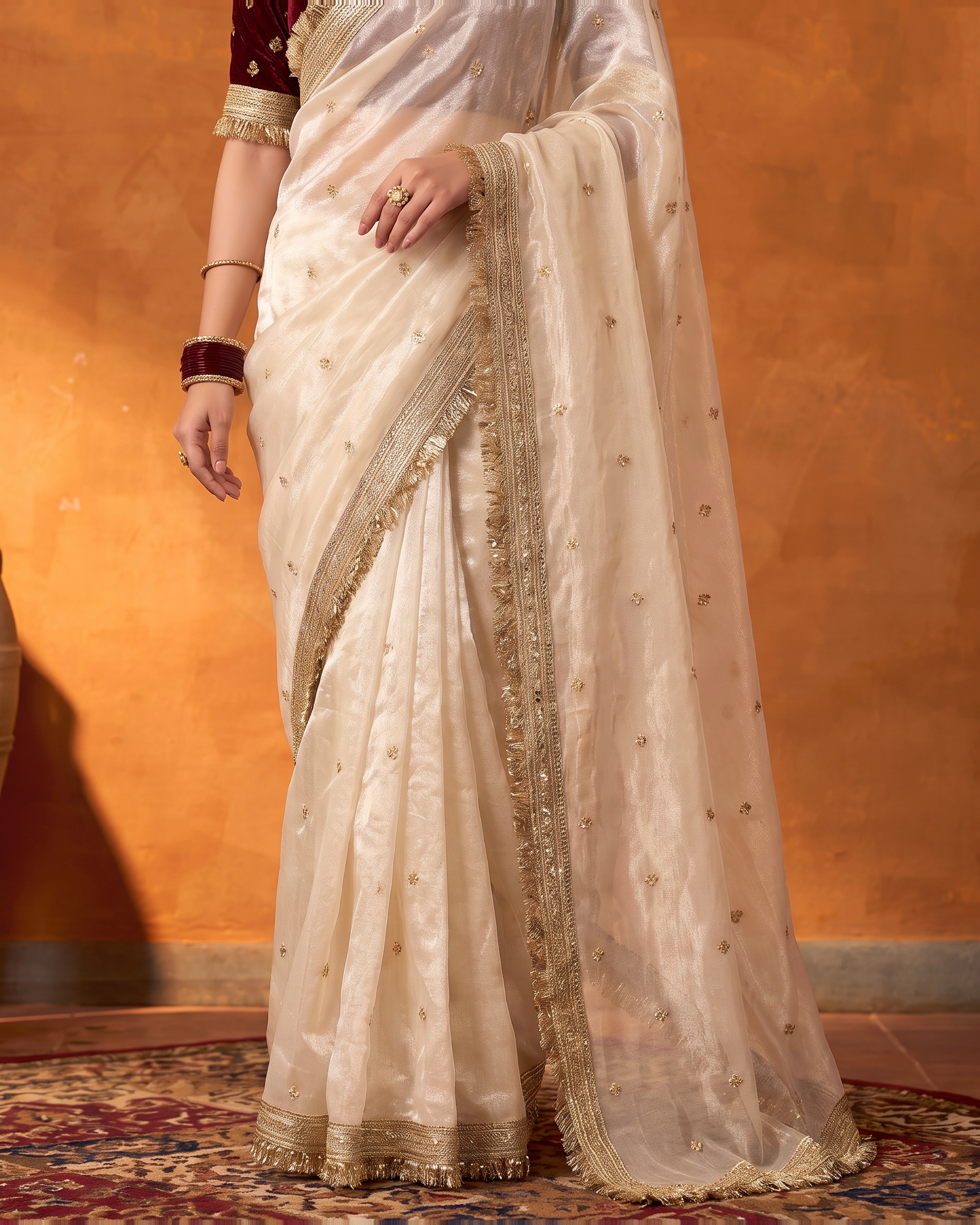 Eshani Lace Butti Festive Saree with Soft Designer Edge - Cream - lower closeup