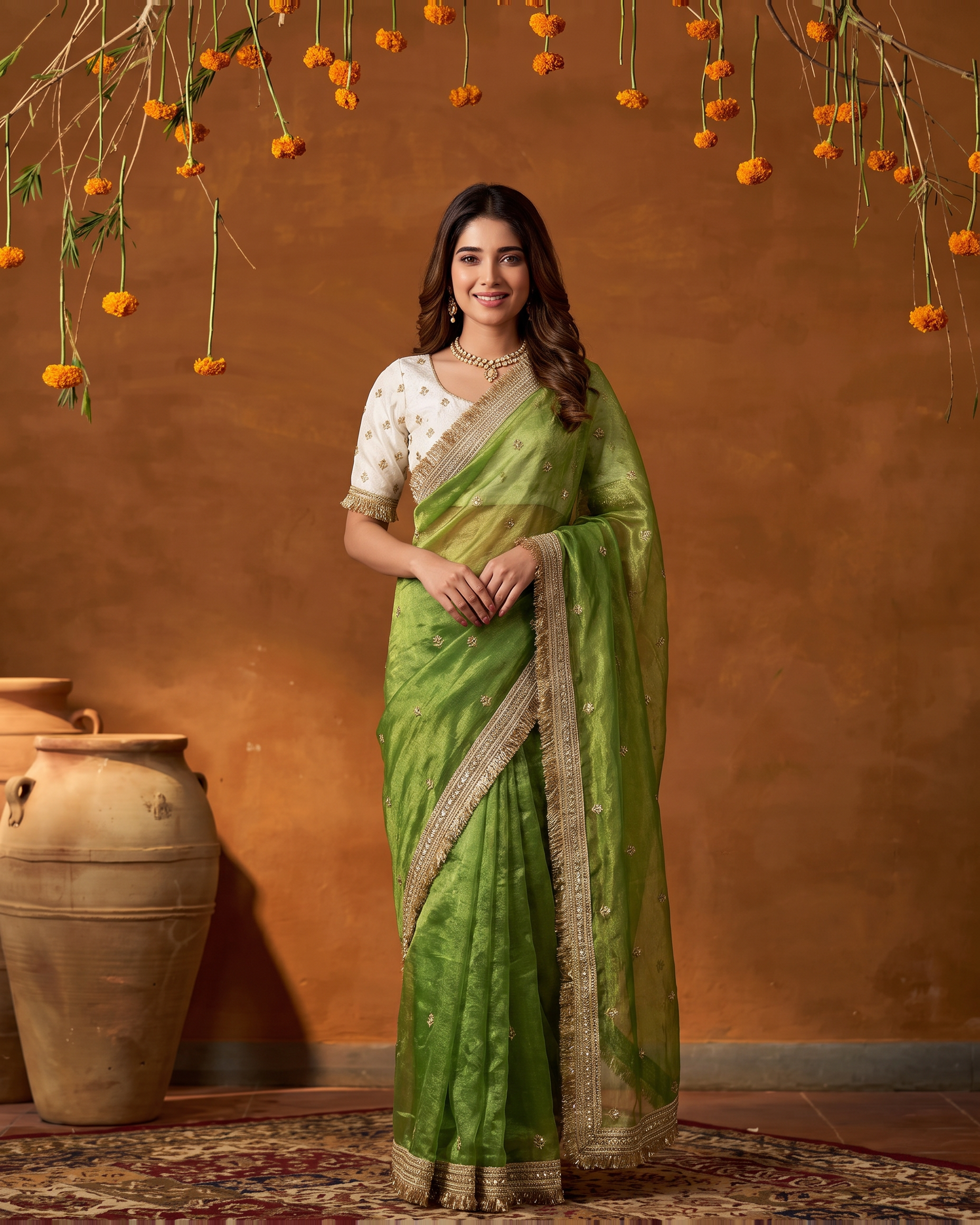 Eshani Lace Butti Festive Saree with Soft Designer Edge - Green - full saree hero