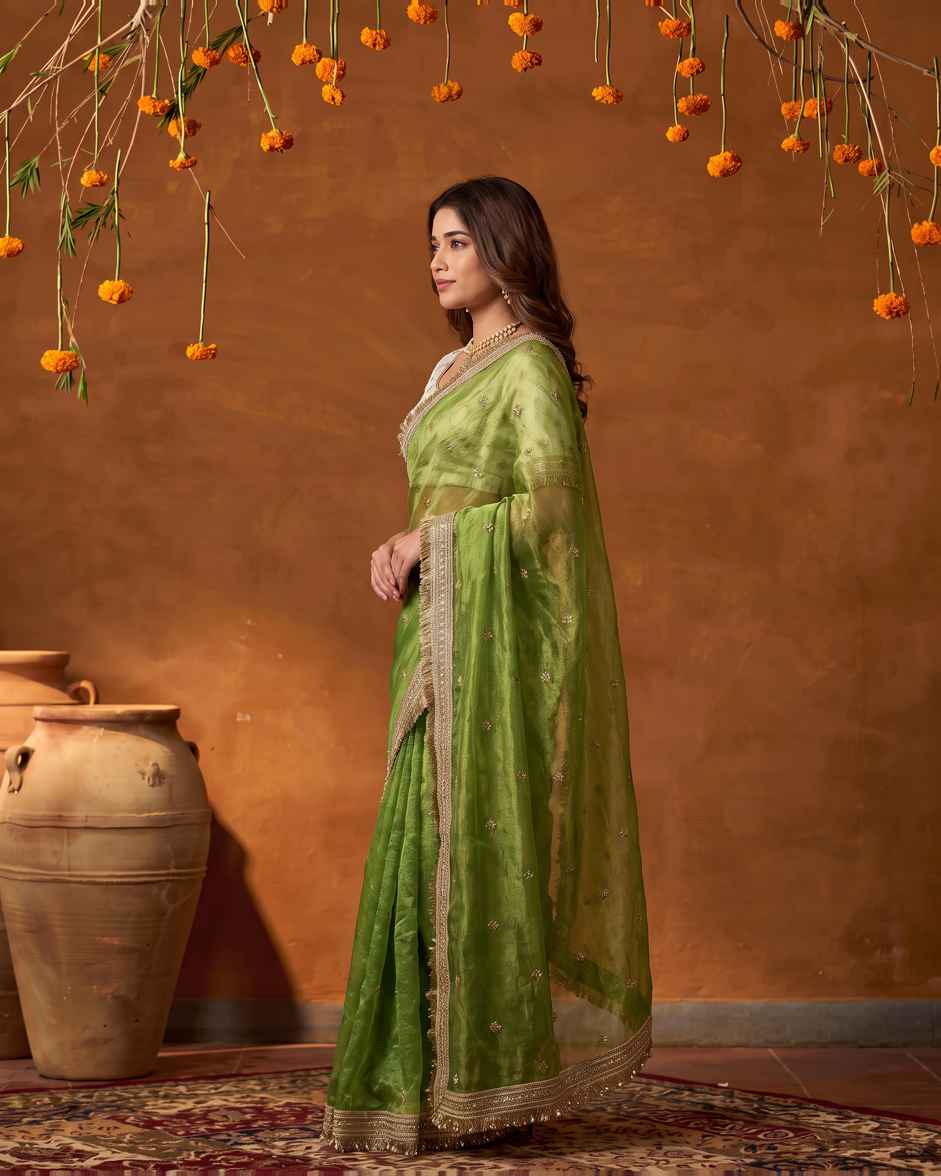 Eshani Lace Butti Festive Saree with Soft Designer Edge - Green - side
