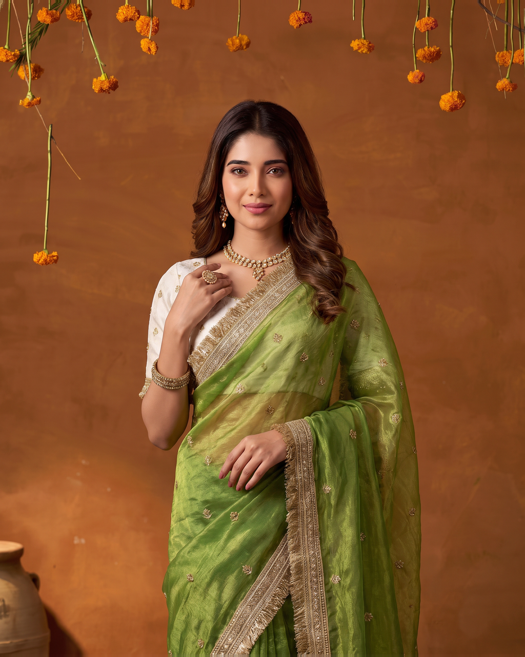 Eshani Lace Butti Festive Saree with Soft Designer Edge - Green - upper closeup