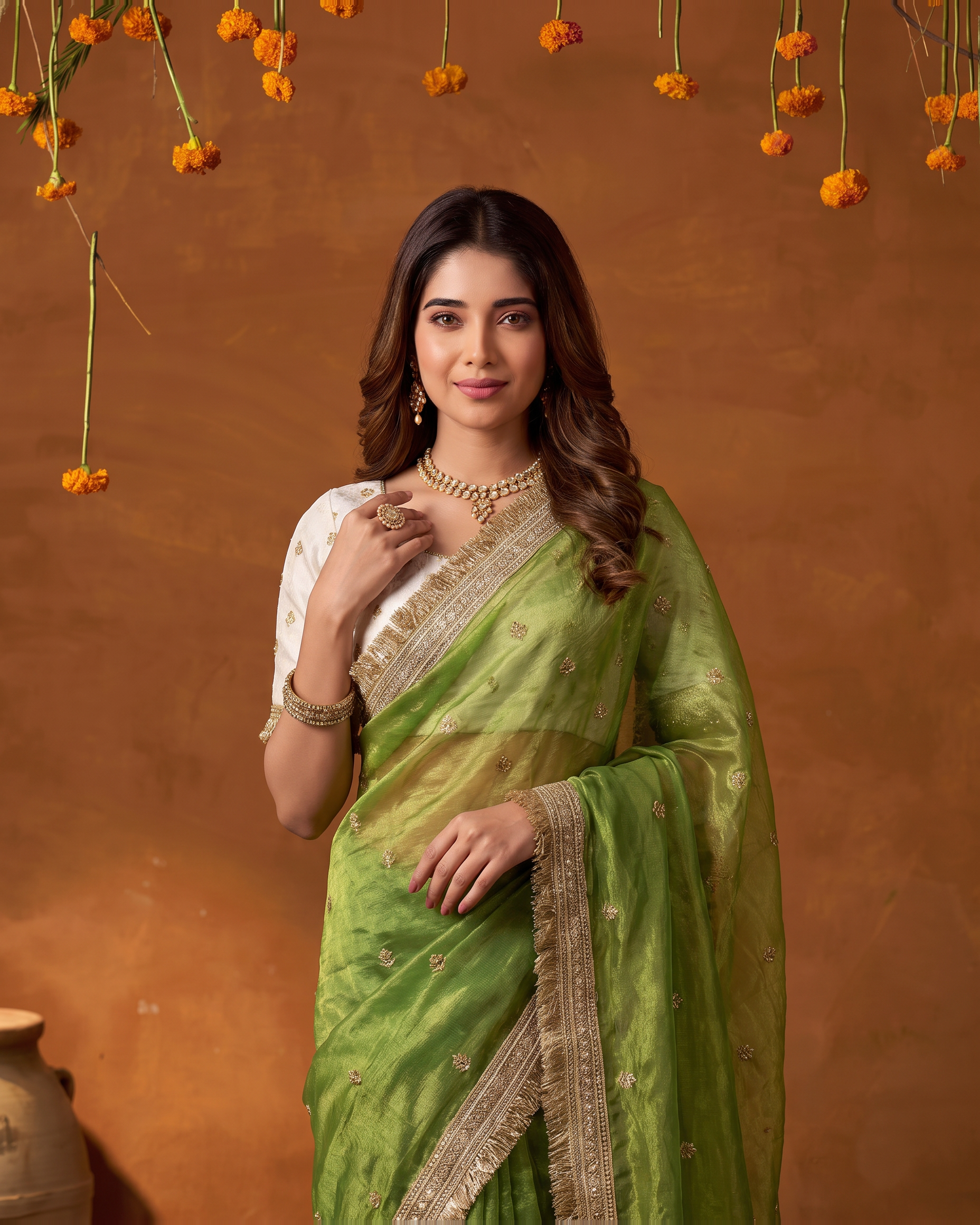 Eshani Lace Butti Festive Saree with Soft Designer Edge - Green - upper closeup