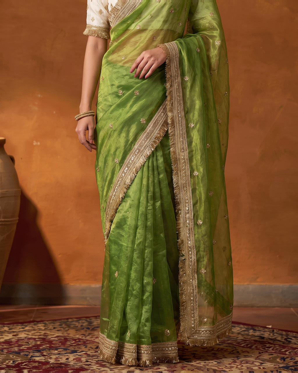 Eshani Lace Butti Festive Saree with Soft Designer Edge - Green - lower closeup