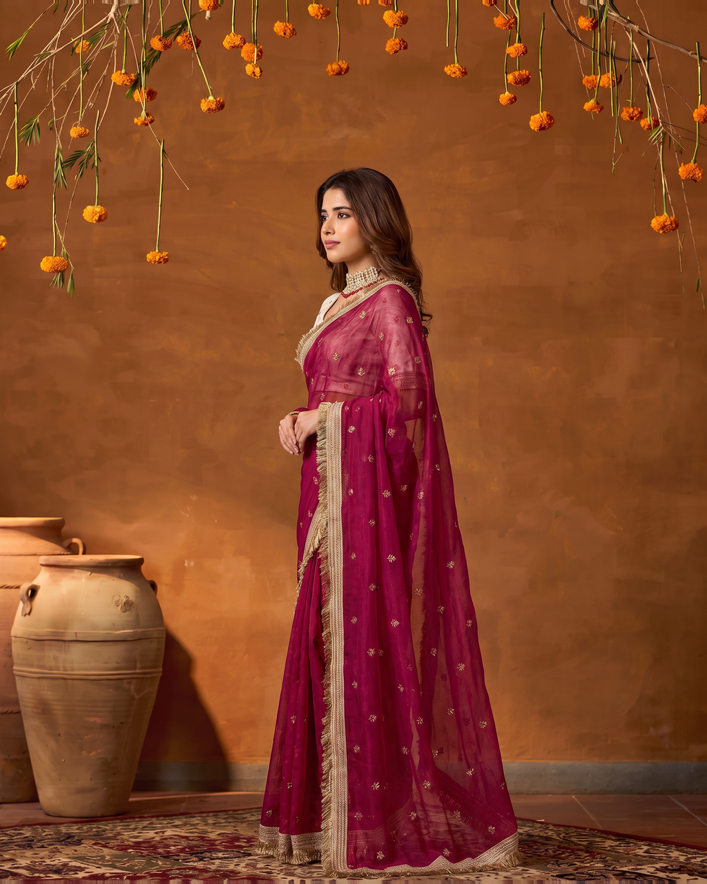 Eshani Lace Butti Festive Saree with Soft Designer Edge - Hot Pink - side