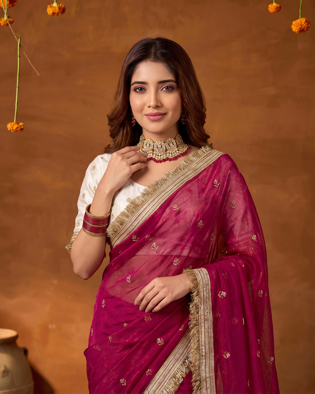 Eshani Lace Butti Festive Saree with Soft Designer Edge - Hot Pink - upper closeup