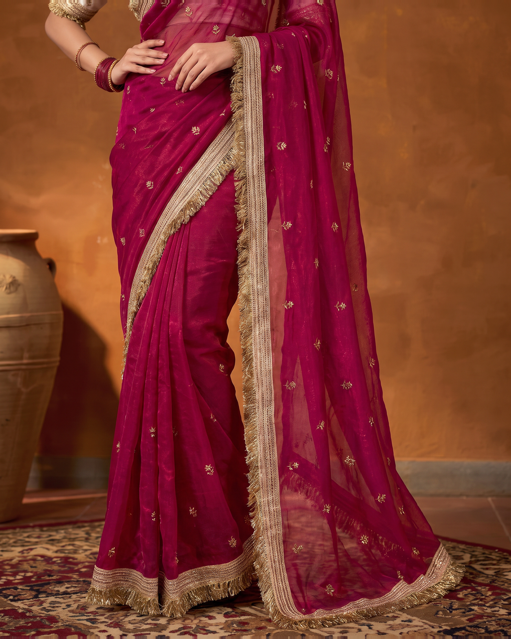 Eshani Lace Butti Festive Saree with Soft Designer Edge - Hot Pink - lower closeup