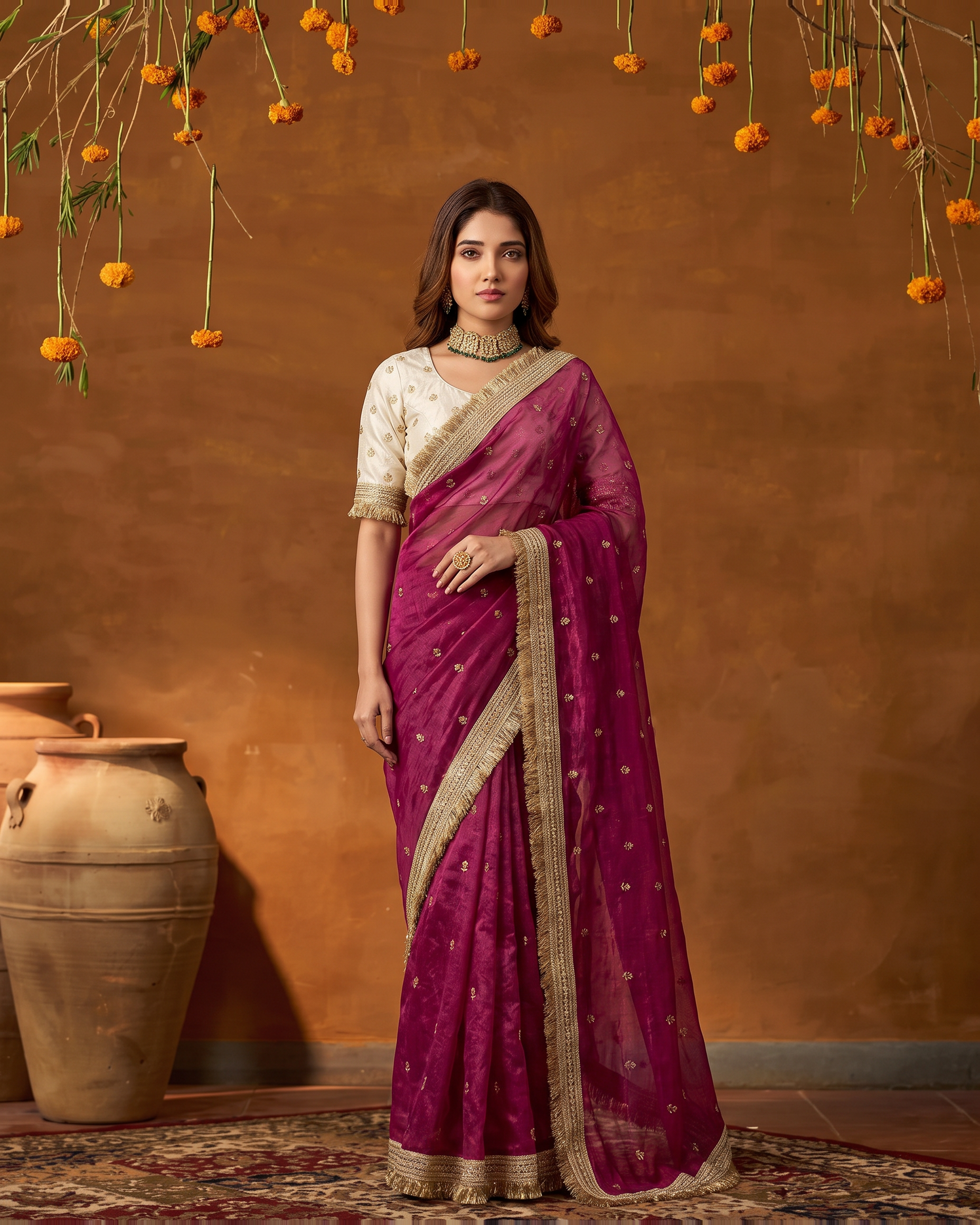 Eshani Lace Butti Festive Saree with Soft Designer Edge - Magenta - full saree hero