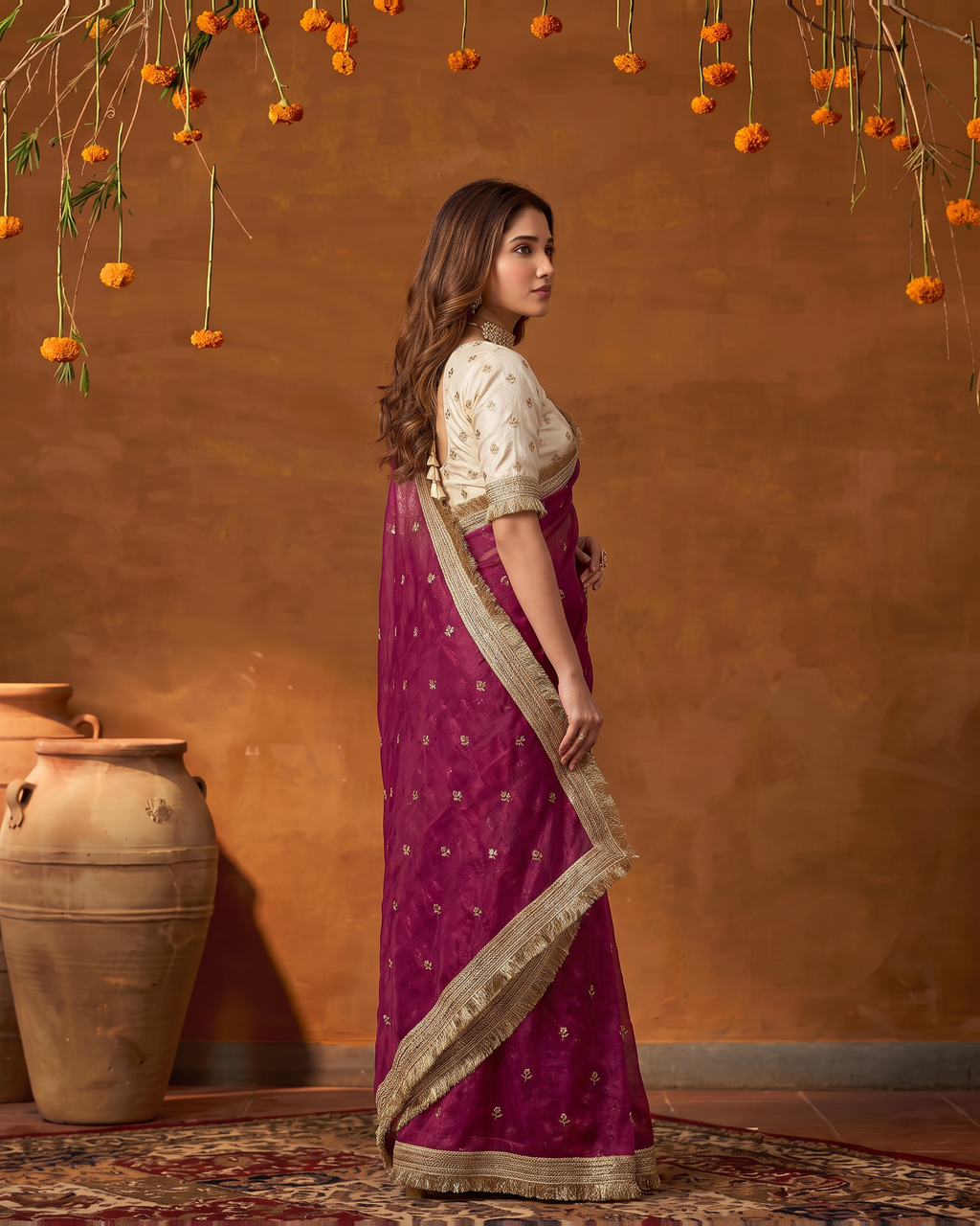 Eshani Lace Butti Festive Saree with Soft Designer Edge - Magenta - side