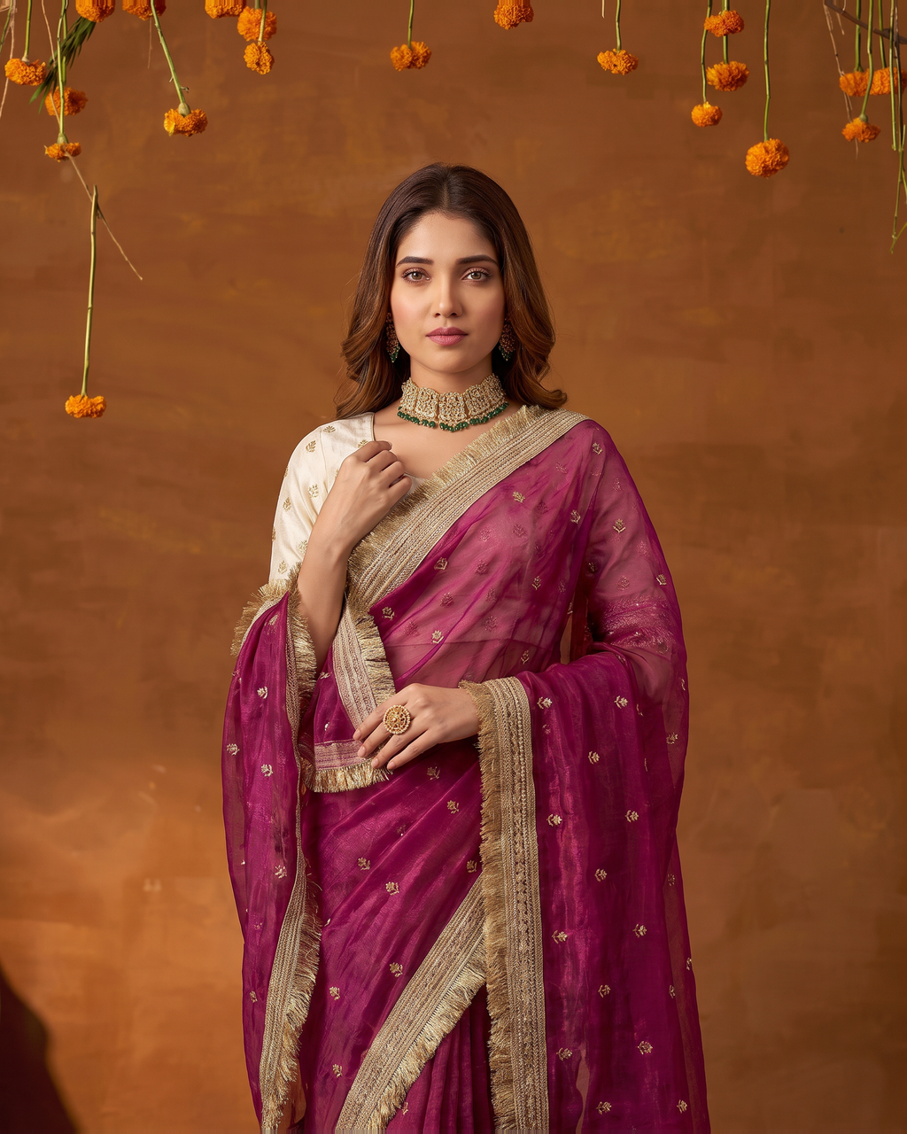 Eshani Lace Butti Festive Saree with Soft Designer Edge - Magenta - upper closeup