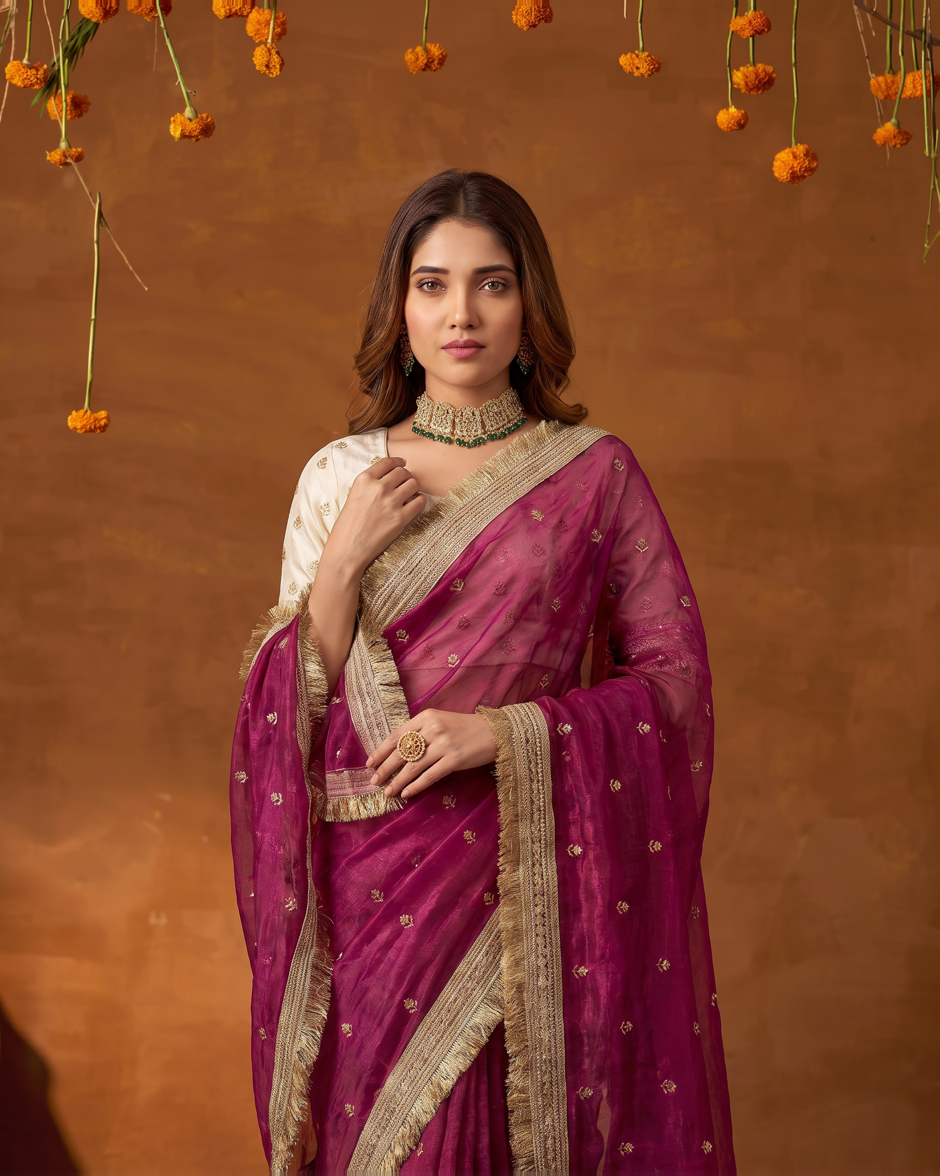 Eshani Lace Butti Festive Saree with Soft Designer Edge - Magenta - upper closeup
