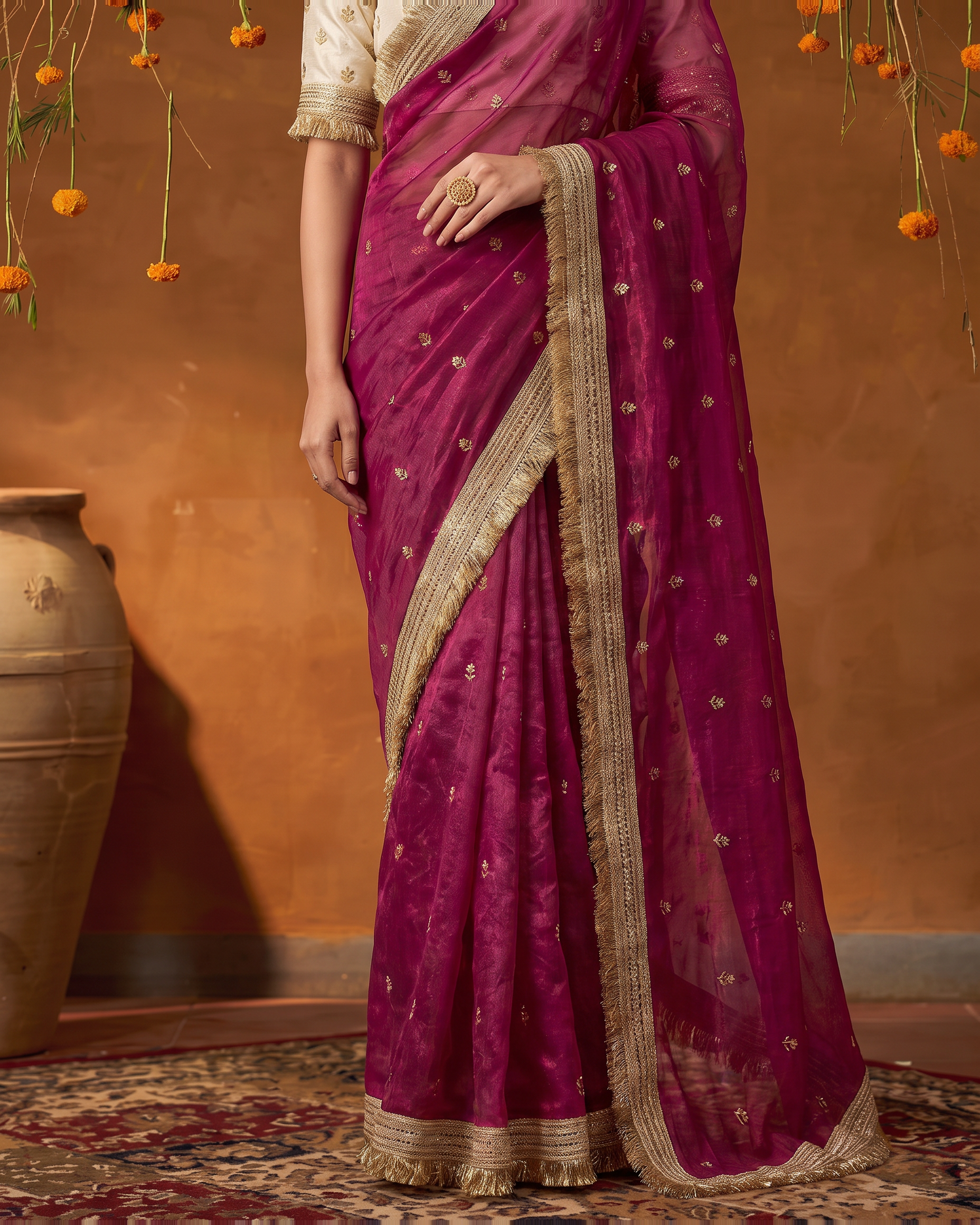 Eshani Lace Butti Festive Saree with Soft Designer Edge - Magenta - lower closeup