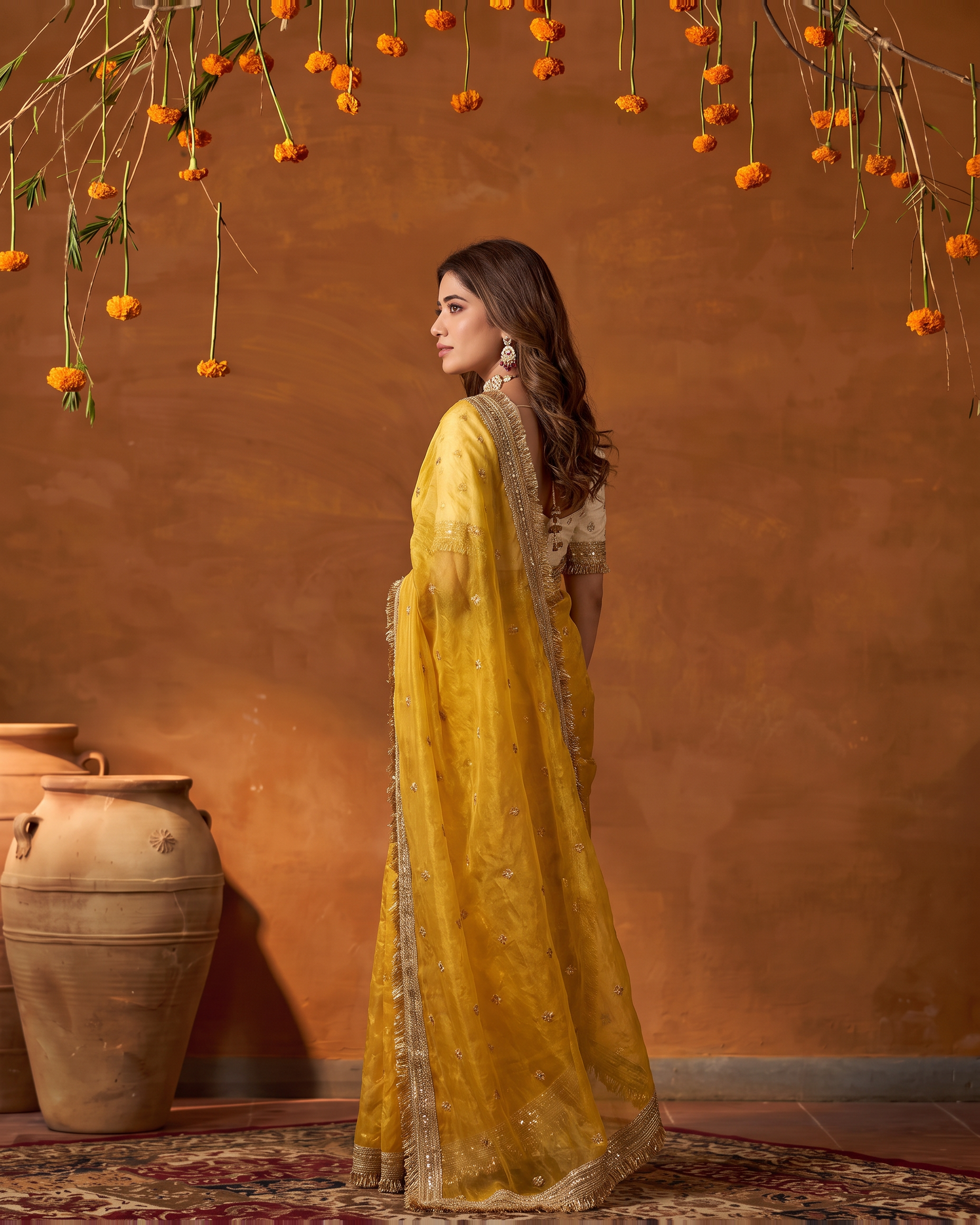 Eshani Lace Butti Festive Saree with Soft Designer Edge - Mustard - side