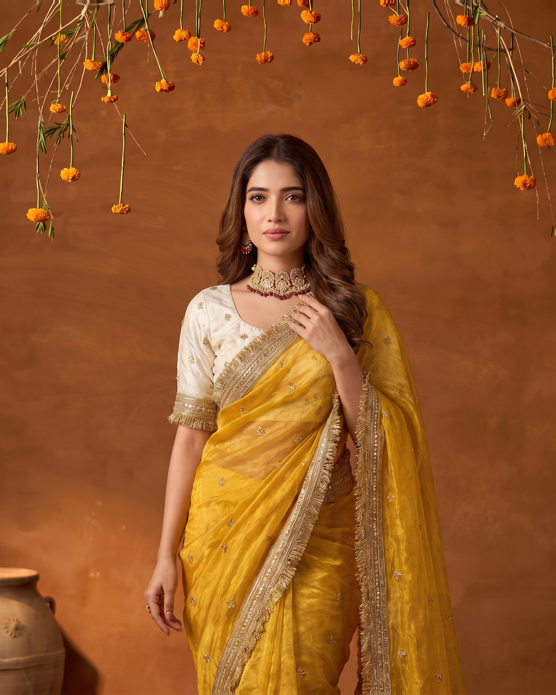 Eshani Lace Butti Festive Saree with Soft Designer Edge - Mustard - upper closeup