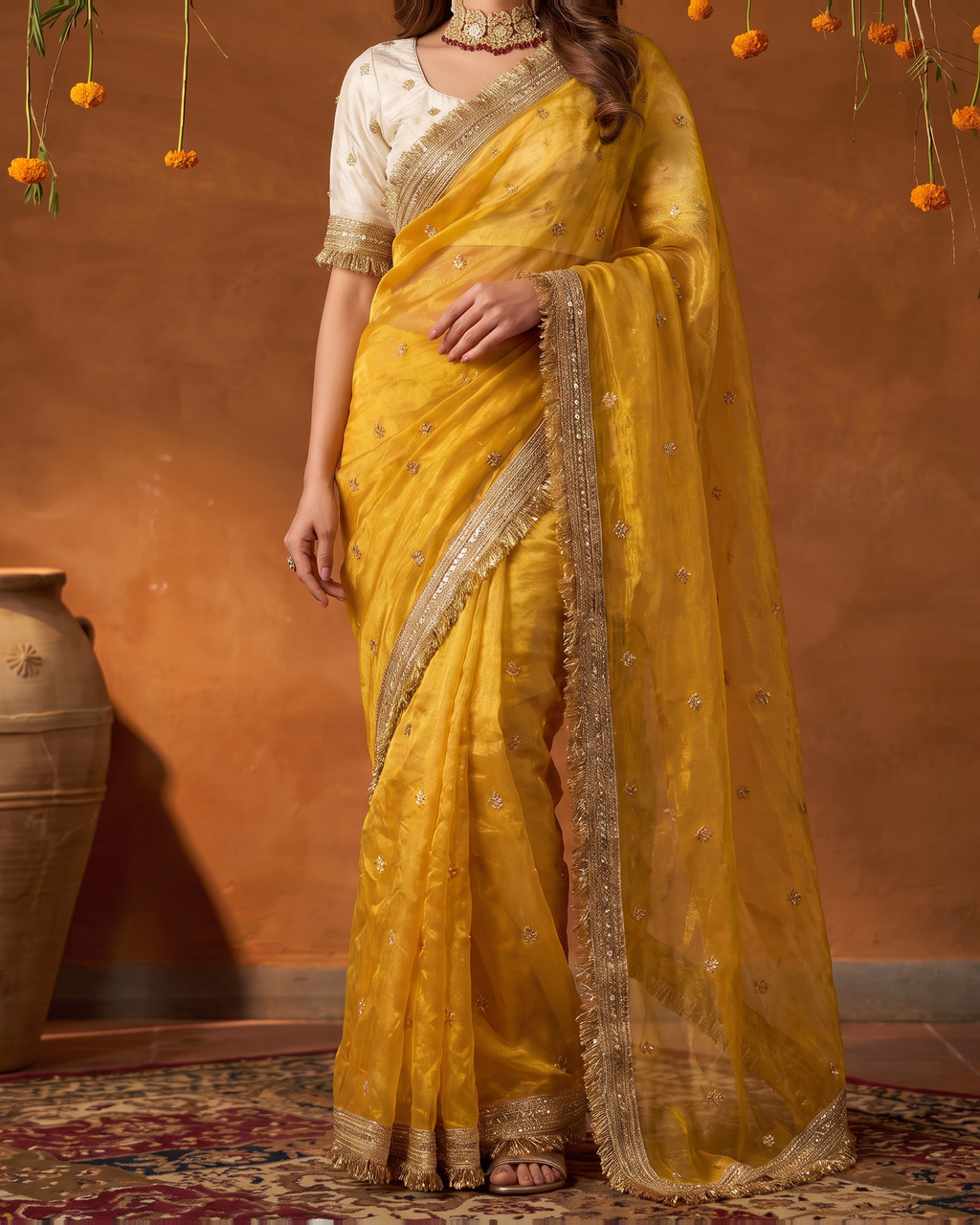 Eshani Lace Butti Festive Saree with Soft Designer Edge - Mustard - lower closeup