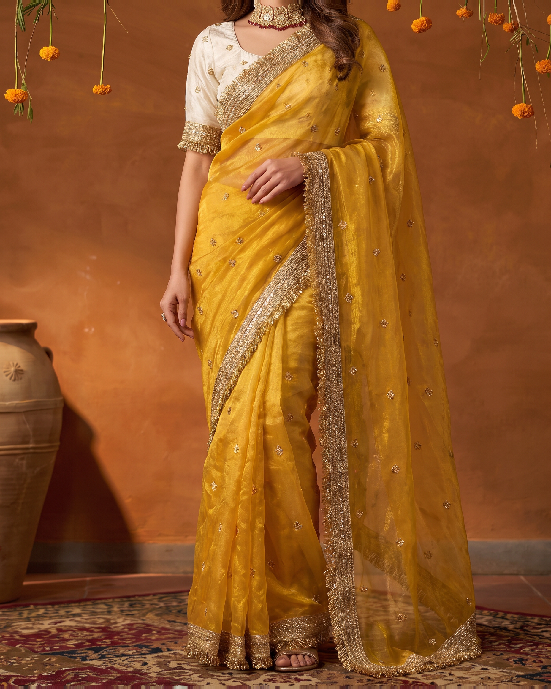 Eshani Lace Butti Festive Saree with Soft Designer Edge - Mustard - lower closeup