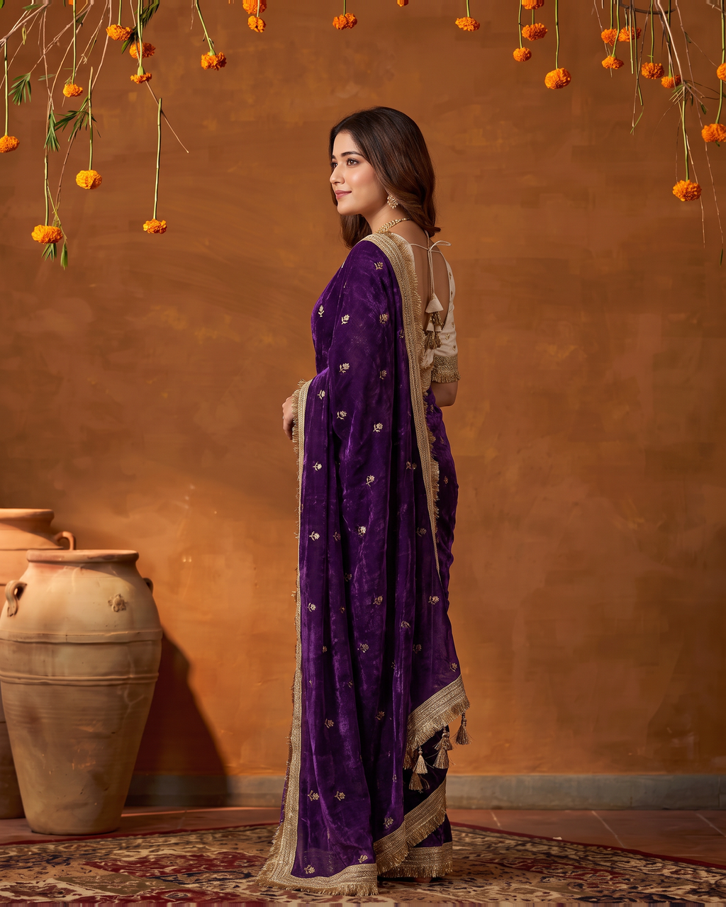 Eshani Lace Butti Festive Saree with Soft Designer Edge - Purple - side