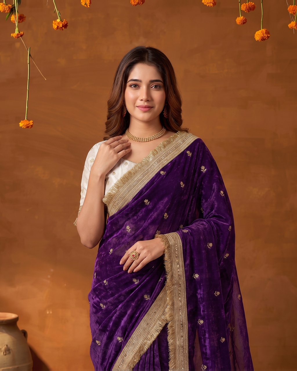 Eshani Lace Butti Festive Saree with Soft Designer Edge - Purple - upper closeup