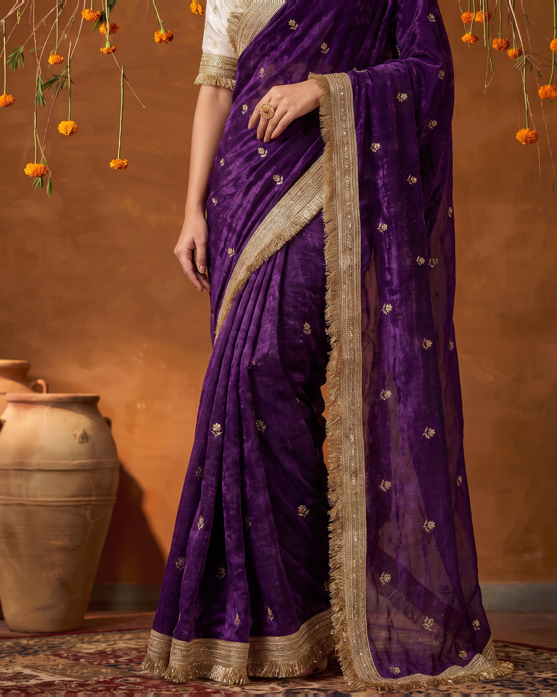 Eshani Lace Butti Festive Saree with Soft Designer Edge - Purple - lower closeup