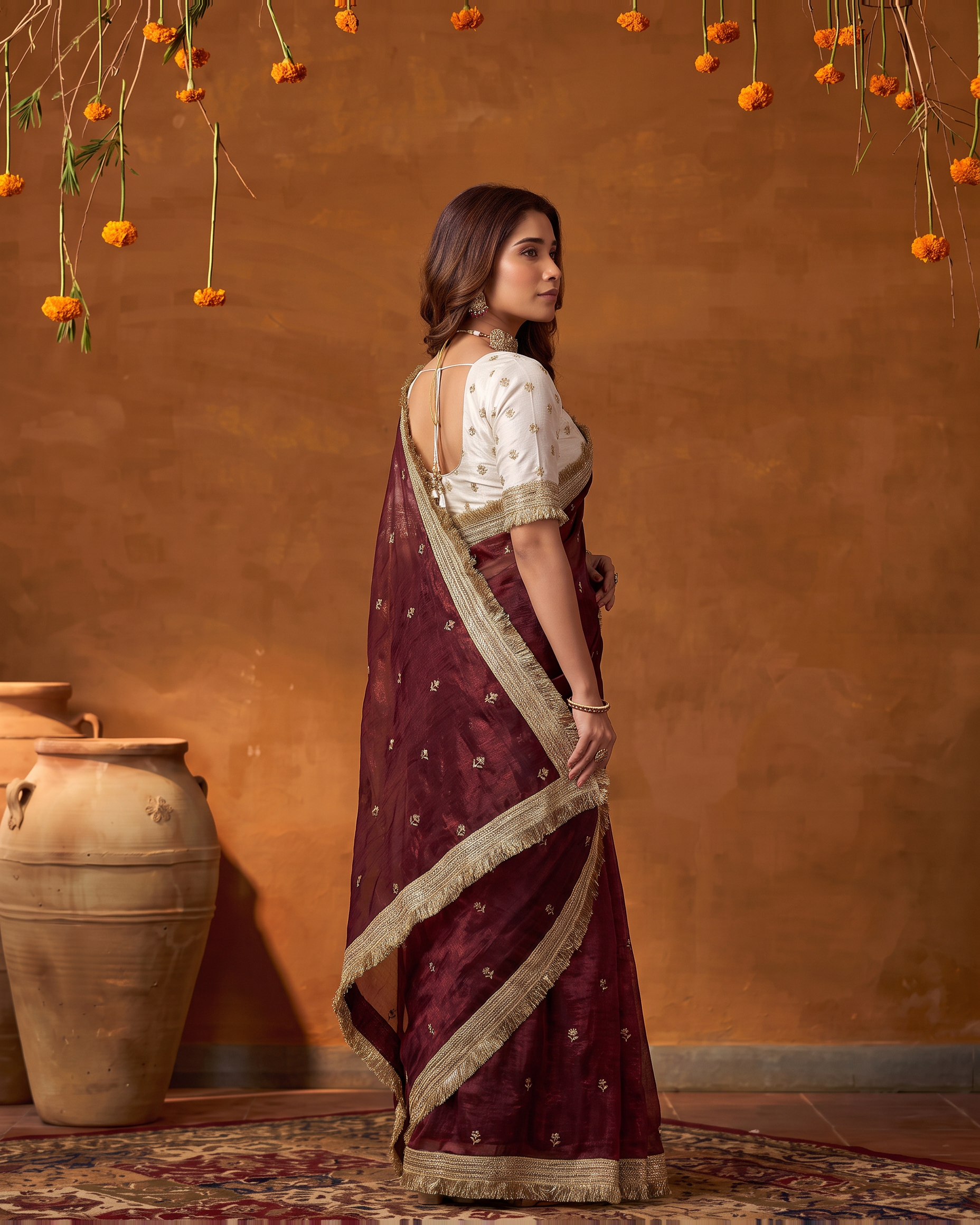 Eshani Lace Butti Festive Saree with Soft Designer Edge - Wine - side