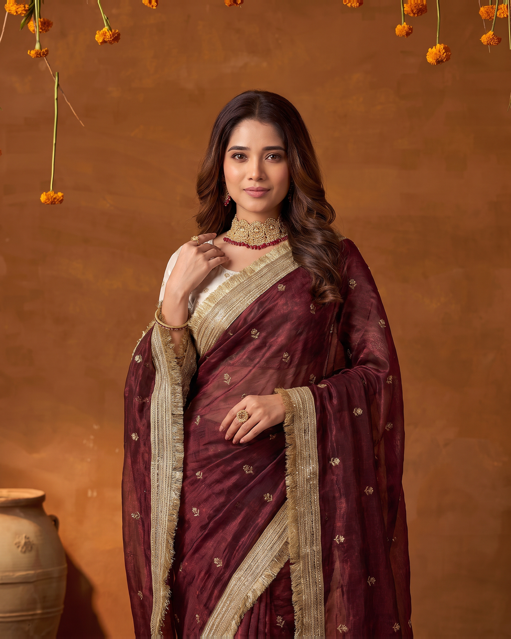 Eshani Lace Butti Festive Saree with Soft Designer Edge - Wine - upper closeup