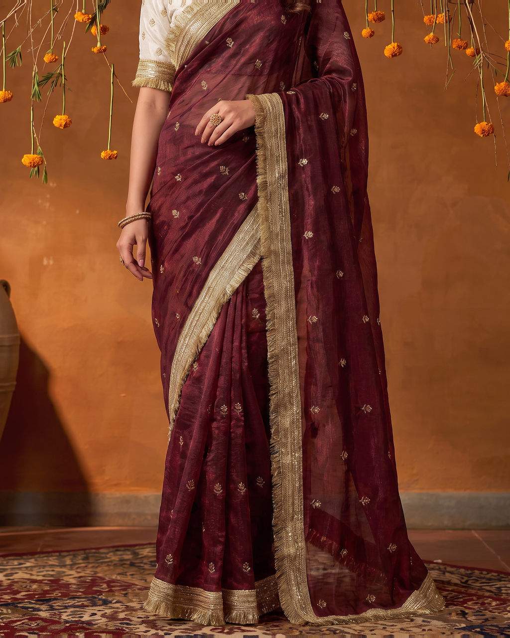 Eshani Lace Butti Festive Saree with Soft Designer Edge - Wine - lower closeup