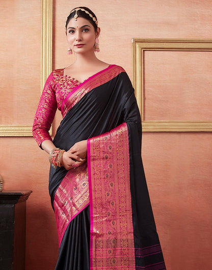 Elegant Black & Pink Banarasi Silk Saree with Zari Work