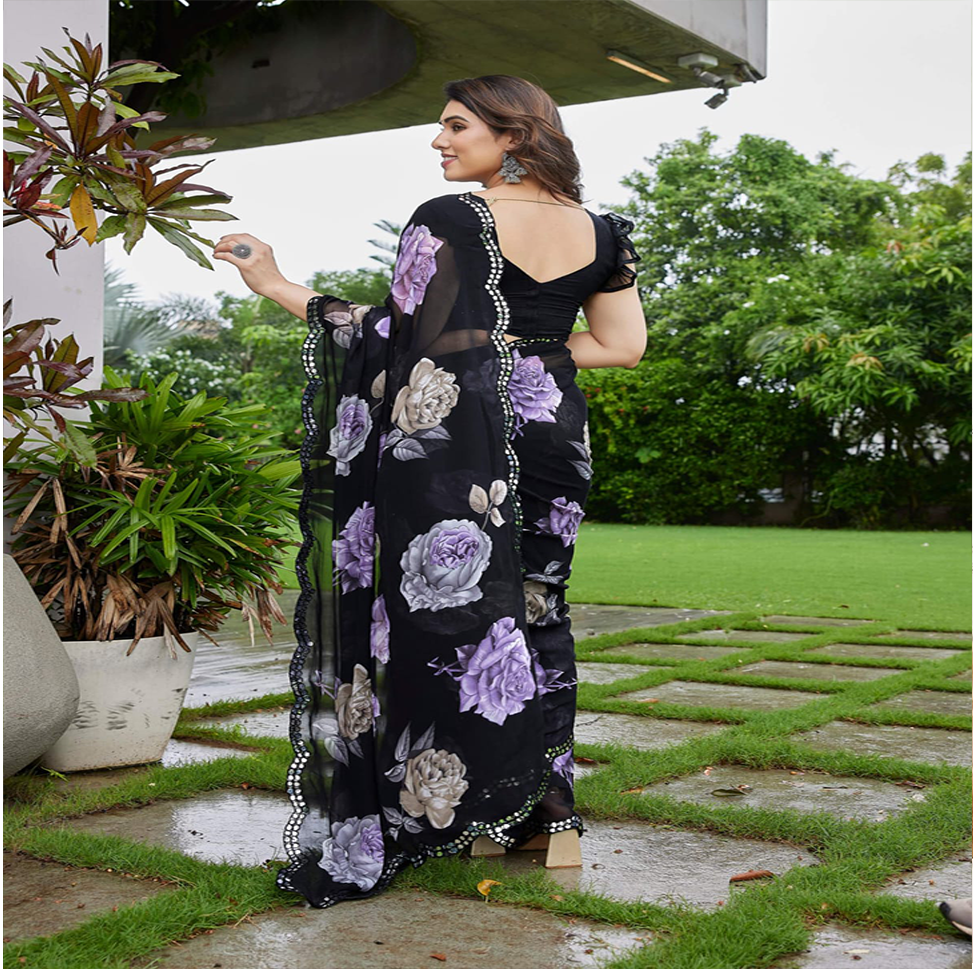 Elegant Black Floral Printed Georgette Saree with Designer Border – Party Wear & Casual Wear