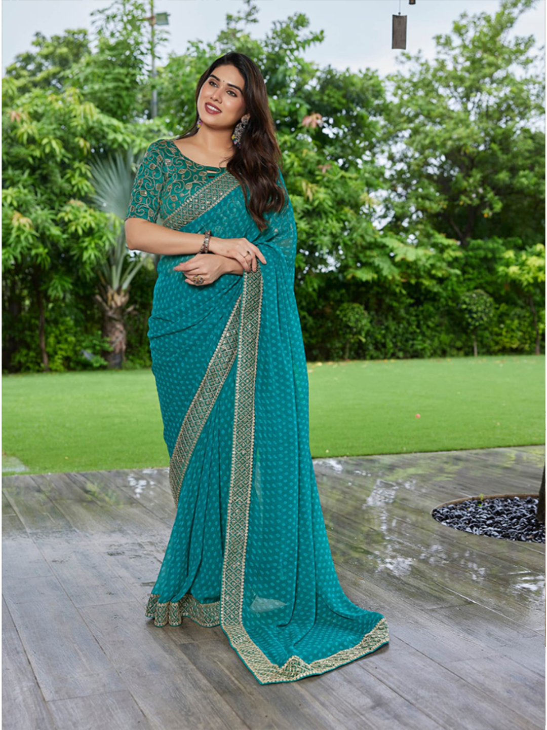 Elegant Teal Green Georgette Saree with Designer Border – Party Wear Traditional Saree for Women