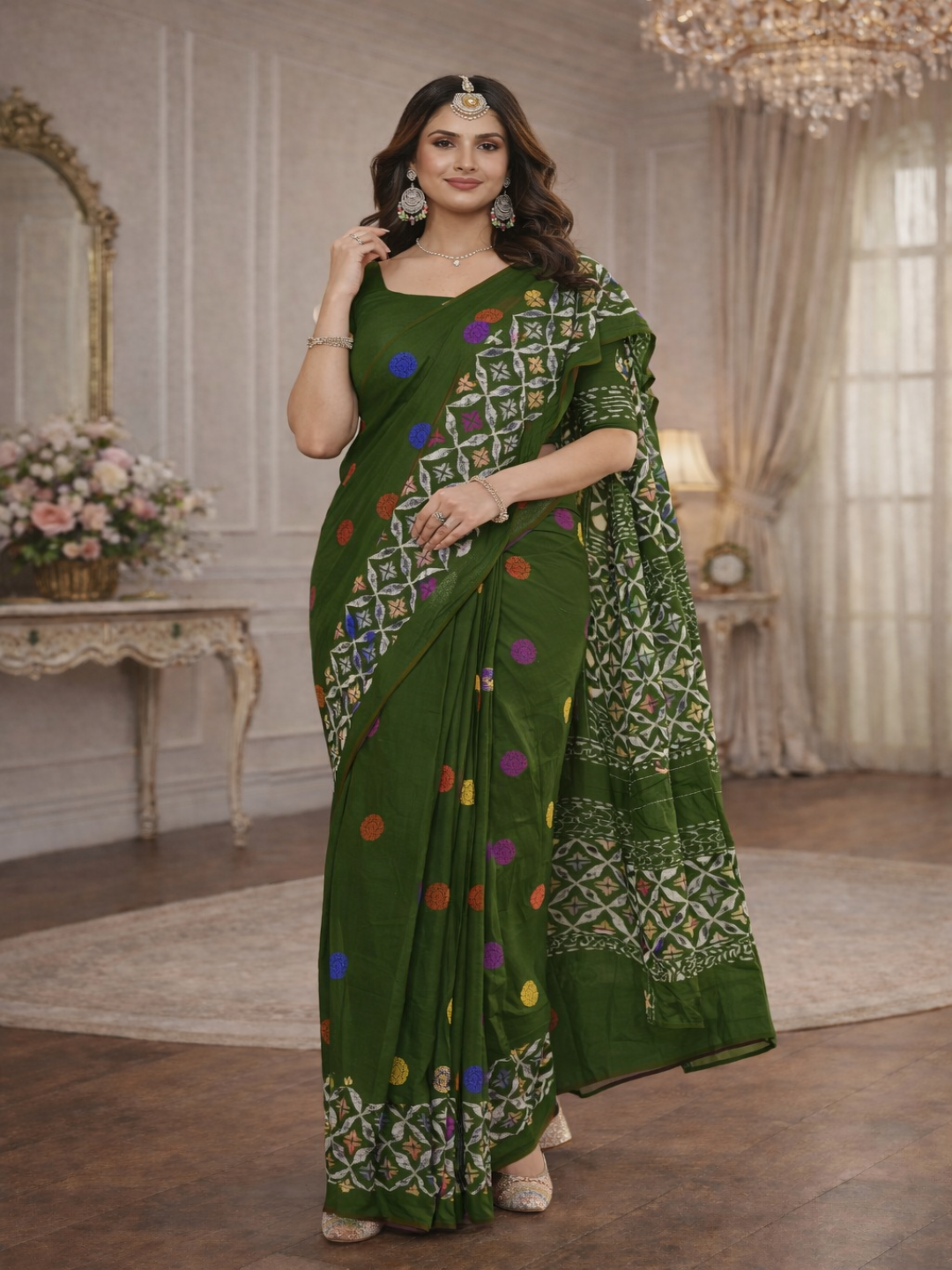 Pure Cotton Bottle Green Artistic Printed Saree with Contrast Pallu