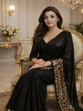 Glamorous Black Sequin Saree with Floral Embellished Border