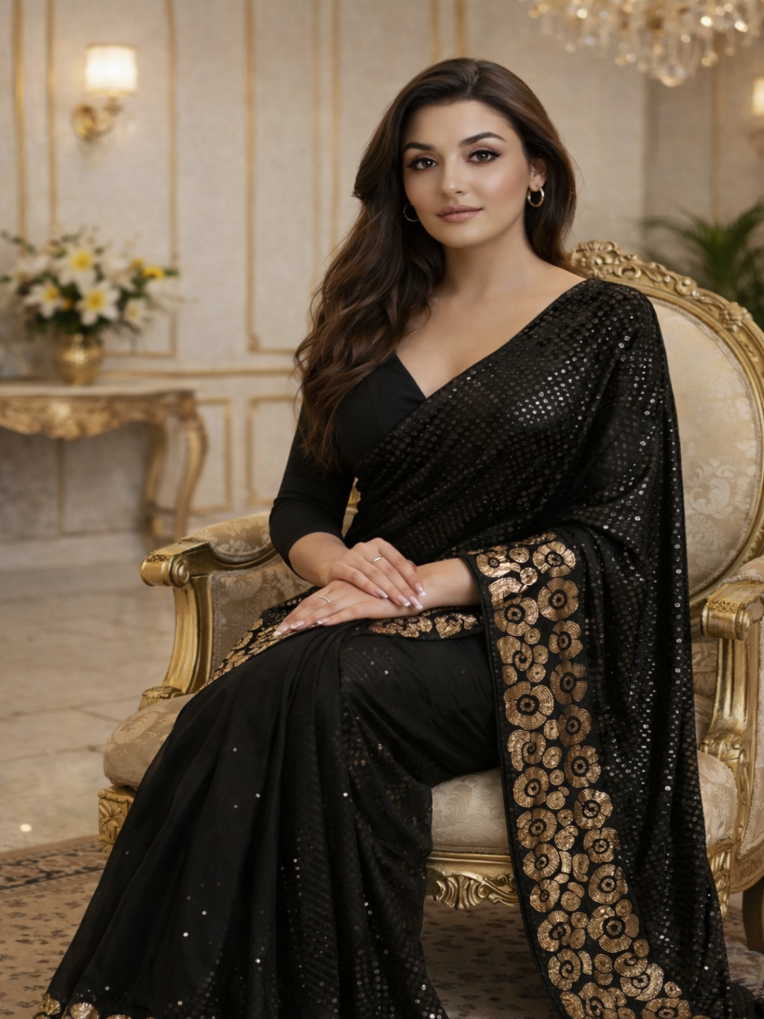 Glamorous Black Sequin Saree with Floral Embellished Border