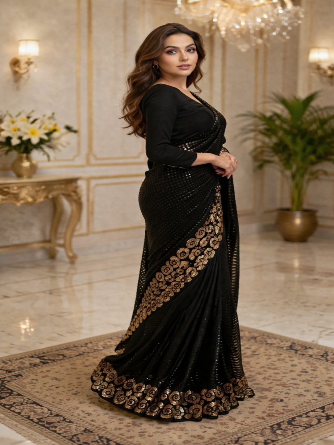 Glamorous Black Sequin Saree with Floral Embellished Border