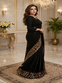 Glamorous Black Sequin Saree with Floral Embellished Border