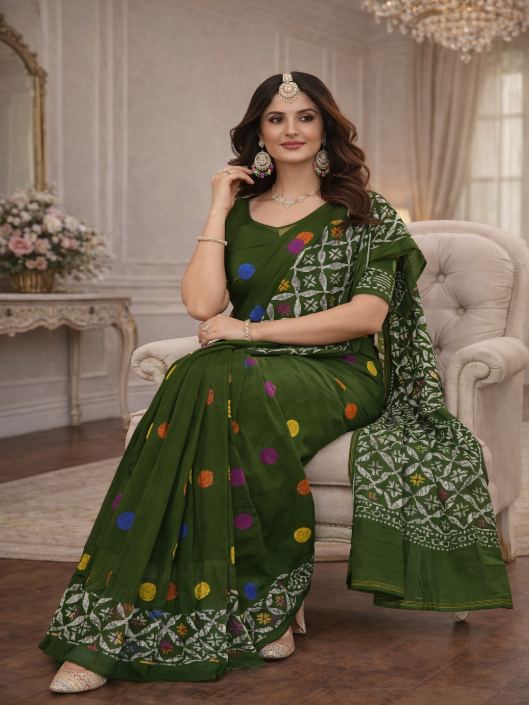 Pure Cotton Bottle Green Artistic Printed Saree with Contrast Pallu