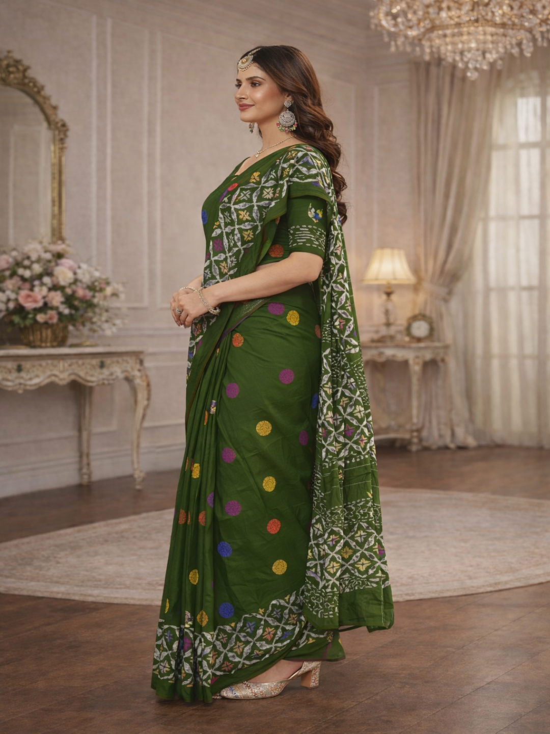 Pure Cotton Bottle Green Artistic Printed Saree with Contrast Pallu