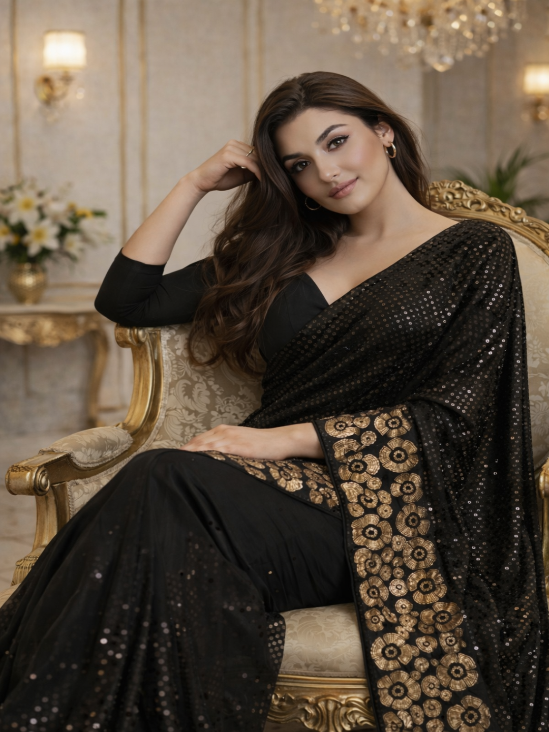 Glamorous Black Sequin Saree with Floral Embellished Border