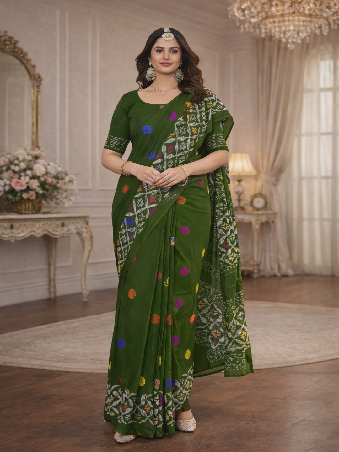 Pure Cotton Bottle Green Artistic Printed Saree with Contrast Pallu