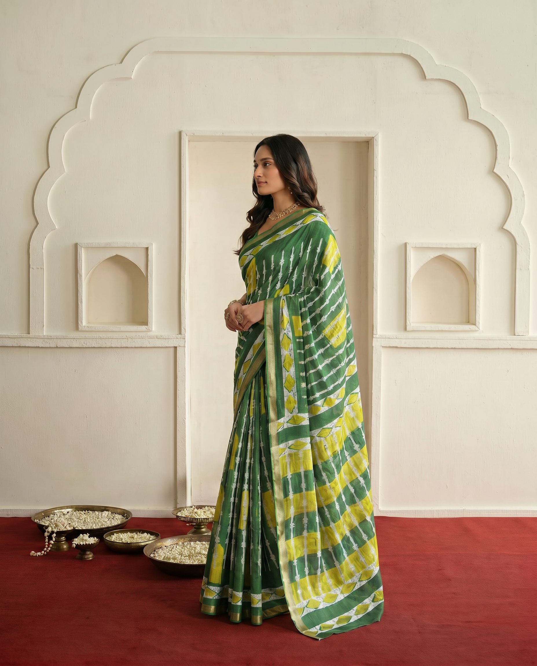 Fresh Green Printed Pure Cotton Saree with Yellow Accents & Elegant Border - output 0 - 03 side