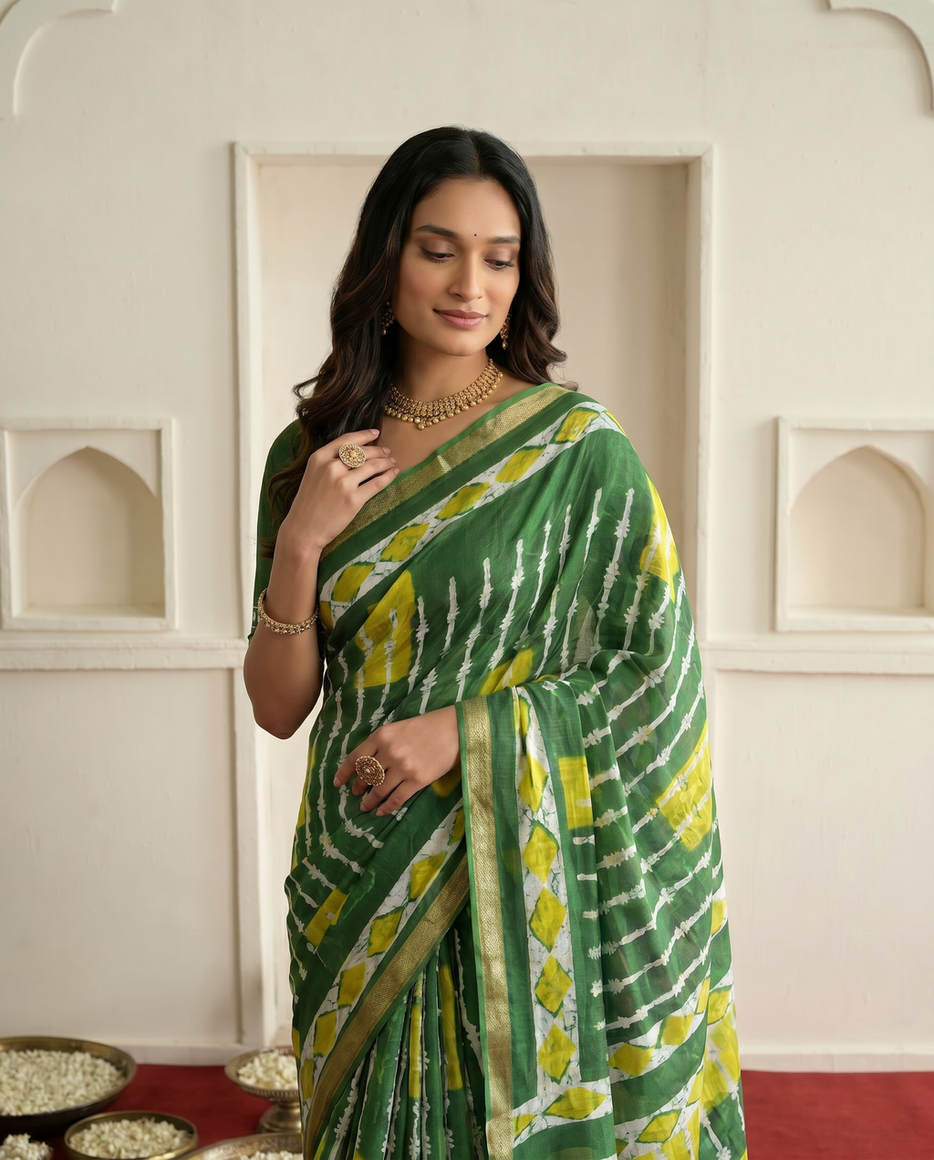 Fresh Green Printed Pure Cotton Saree with Yellow Accents & Elegant Border - output 0 - 04 upper closeup