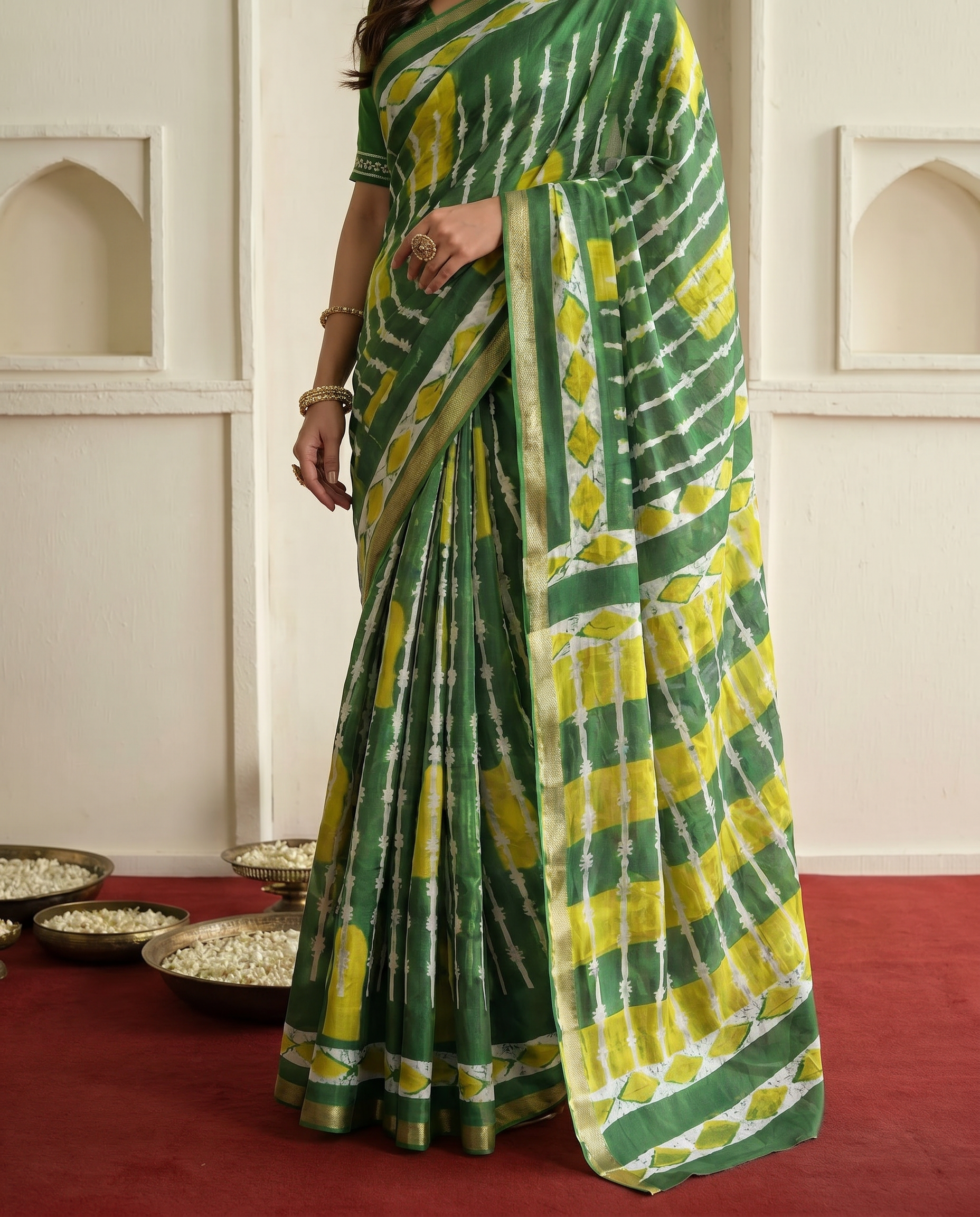 Fresh Green Printed Pure Cotton Saree with Yellow Accents & Elegant Border - output 0 - 05 lower closeup