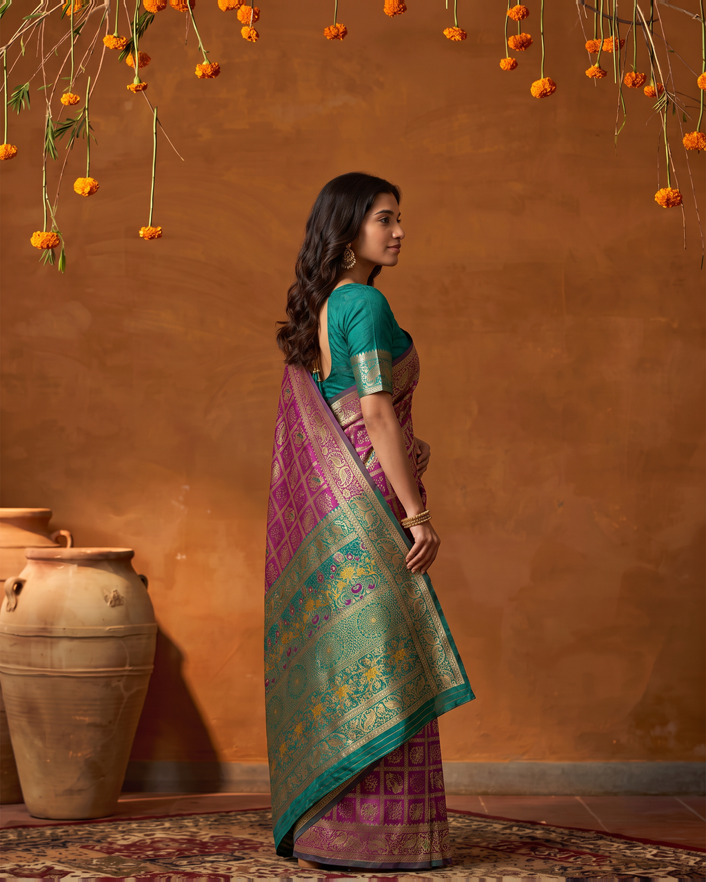 Fuchsia Green Silk Saree with Traditional Zari Pallu - side drape