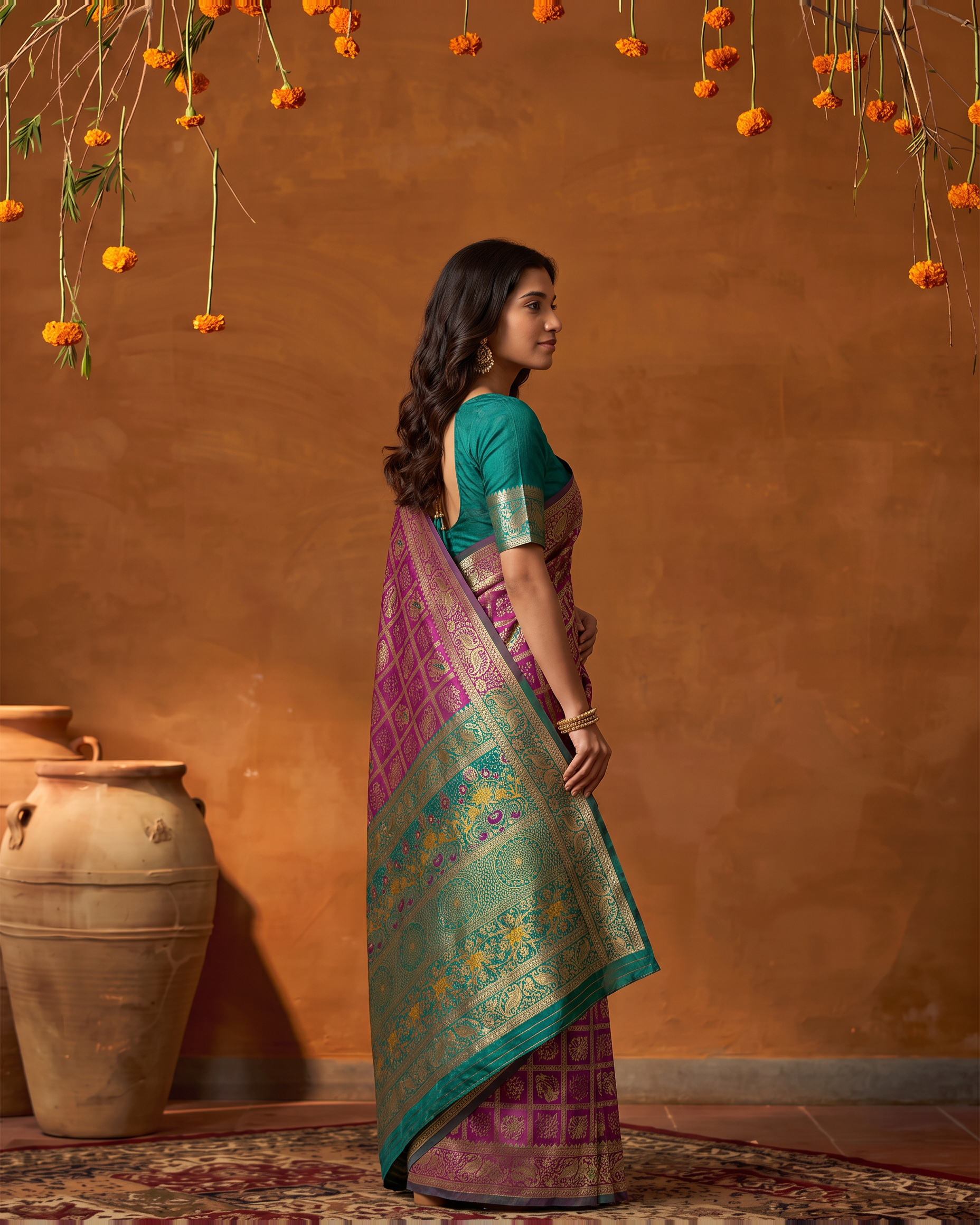 Fuchsia Green Silk Saree with Traditional Zari Pallu - side drape