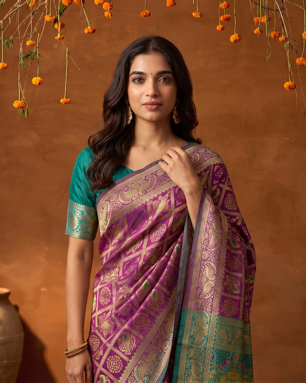 Fuchsia Green Silk Saree with Traditional Zari Pallu - upper closeup