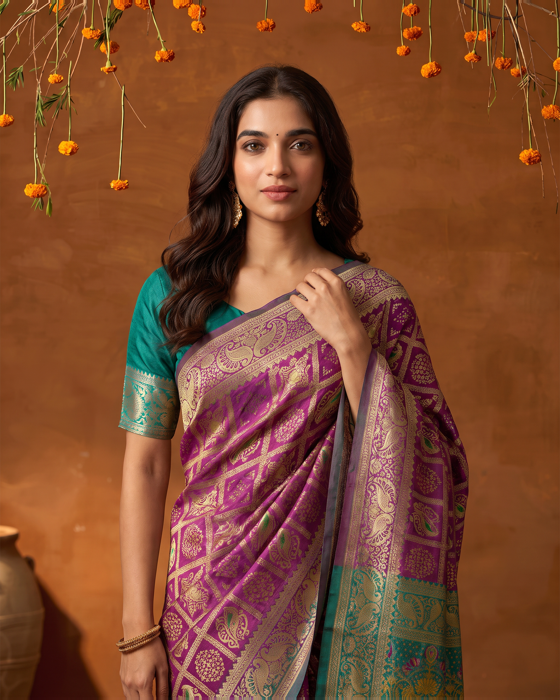 Fuchsia Green Silk Saree with Traditional Zari Pallu - upper closeup